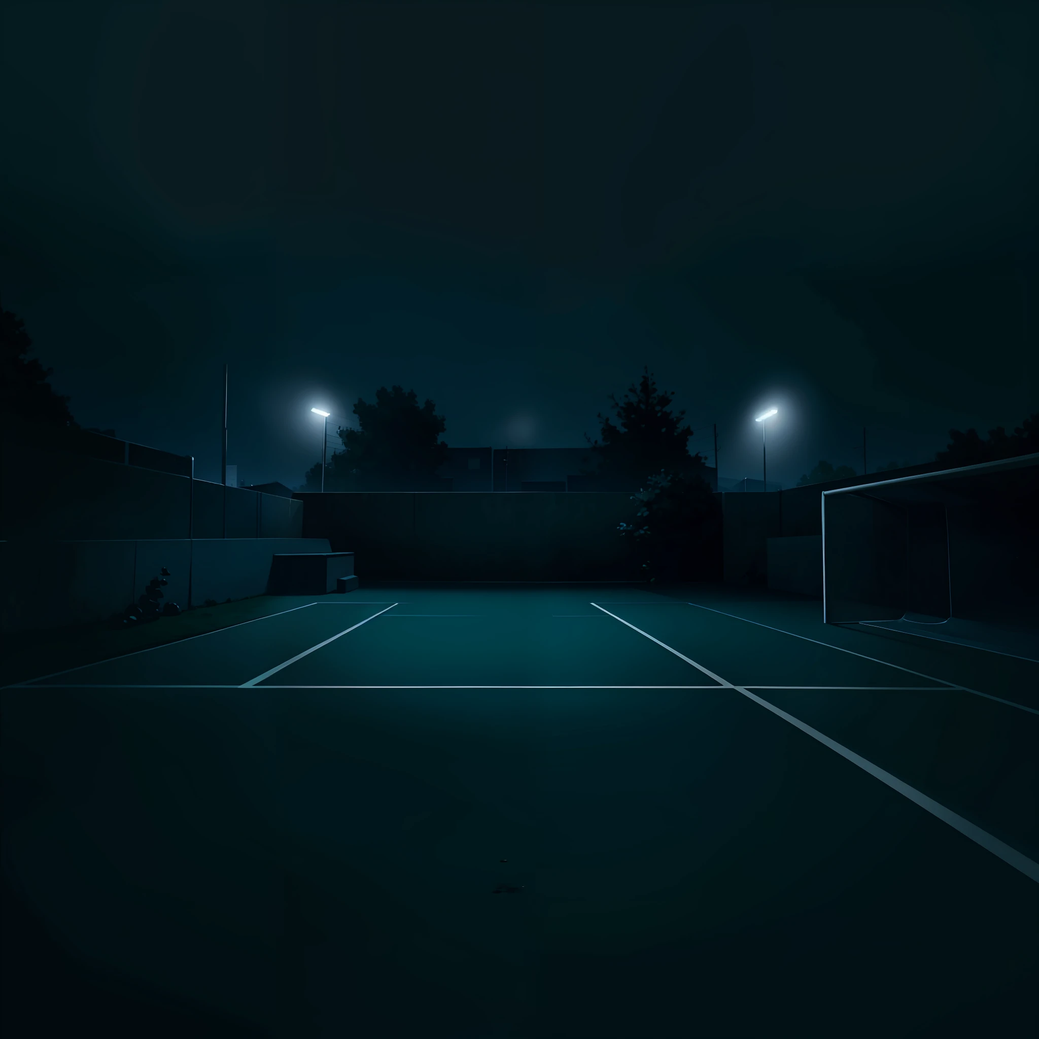 Soccer court, scary, horror, dark theme, dark, night, low lighting, dark blue colors,