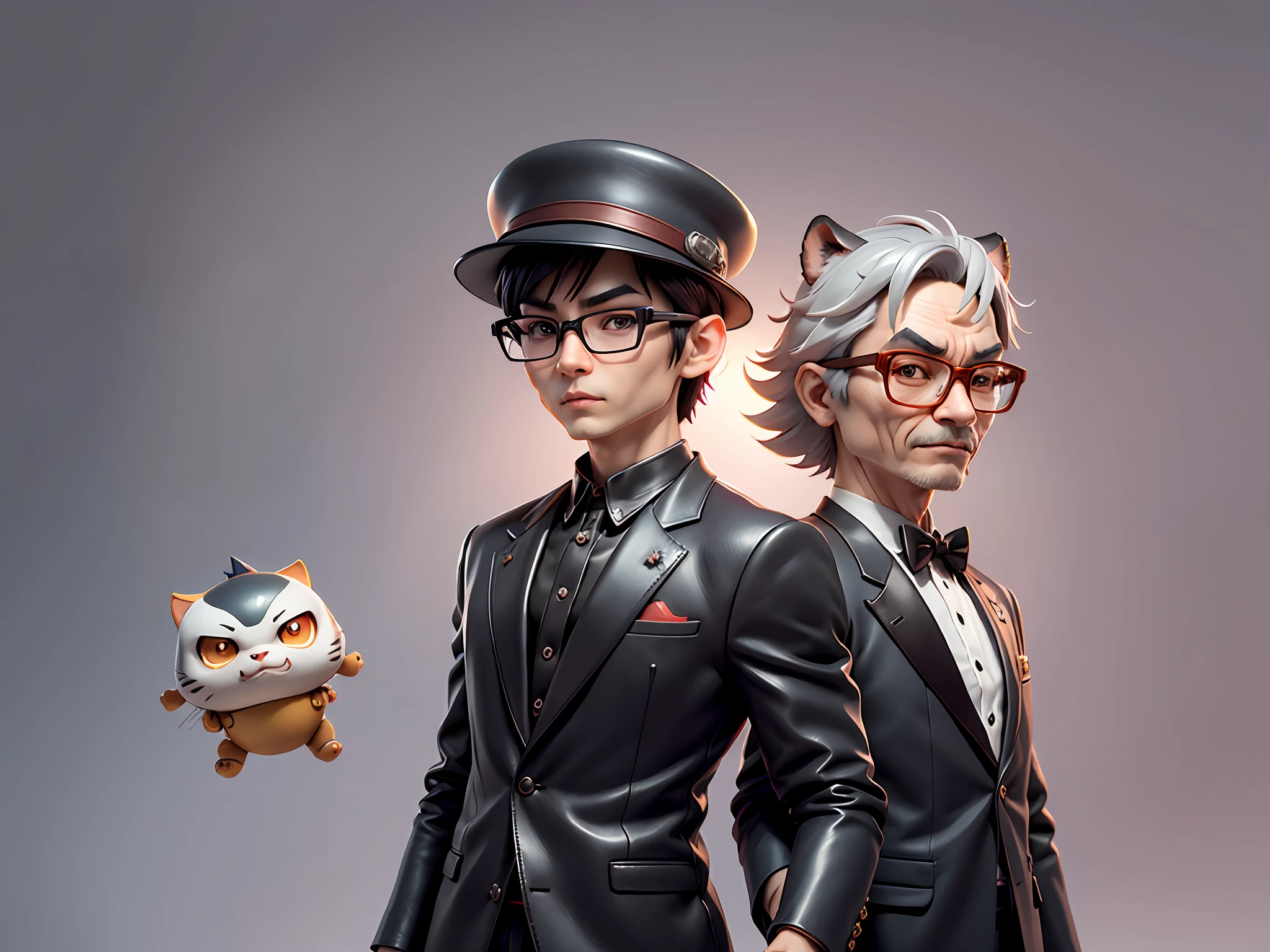 Young man with oriental face in leather hat, tiger, oriental face in formal suit, short black hair, silver glasses, digital painting, 3D character design by Mark Clairedon and Pixar and Hayao Miyazaki and Akira Toriyama, the illustration is a high-definition illustration in 4K resolution with very detailed facial features and cartoon-style visuals.