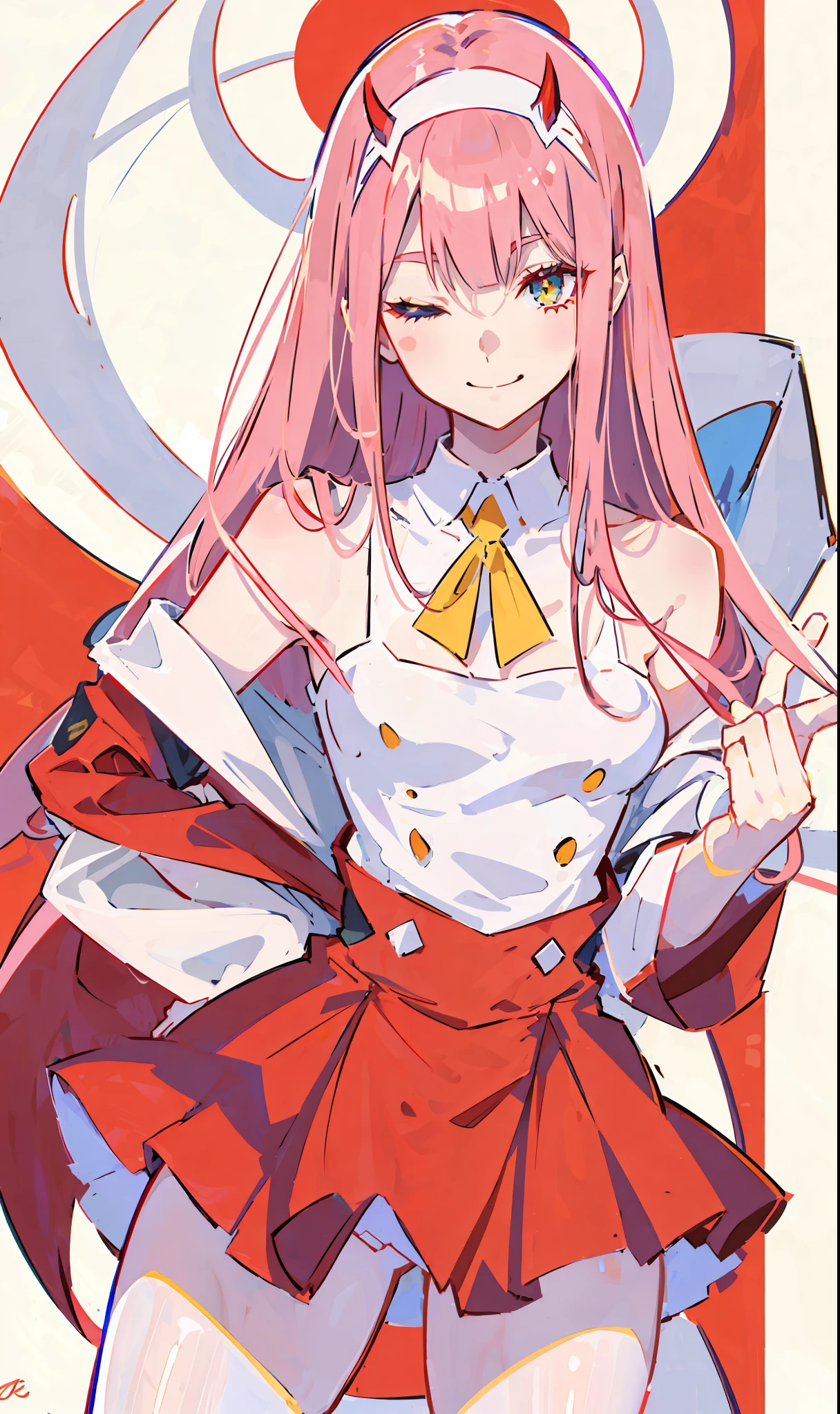 zero two \(darling in franxx\), darling in franxx, 1girl, bangs, bite, shadow, long hair, small breasts, large thighs, makeup, red dress with details, yellow tie, Pantyhose, eyes closed, smiling at the viewer, pair of small red horns, pink hair, red eyeshadow, tight skin, solo