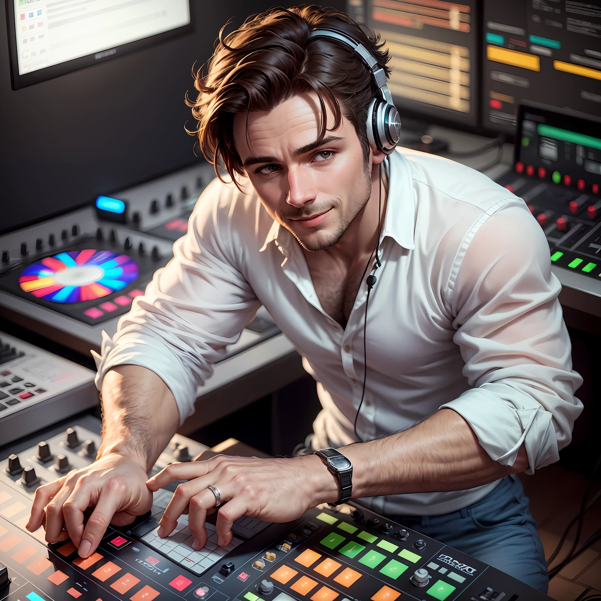 a male dj plays on the dj's desk scratching vinyls on the sound board, headphones on the head, RAW, photography, (masterpiece) a full-body portrait of a beautiful 40-year-old European man, no beard, short light brown hair, shiny hair, smiling, happy face, detailed facial features, vibrating with music, beautiful sir, fit body, wearing white shirt and jeans, warm colors, modeling photography, ((hyperrealistic)), (skin pores), highly detailed, sharp focus, 8K, ultra quality, UHD, crystal clear, (((incredibly beautiful)), extremely detailed, highly detailed skin, cinematic lighting, wide angle, photorealistic, amazing fine details, kodak, Canon 5d, rich colors, realistic texture, dramatic lighting, dynamic composition --auto --s2