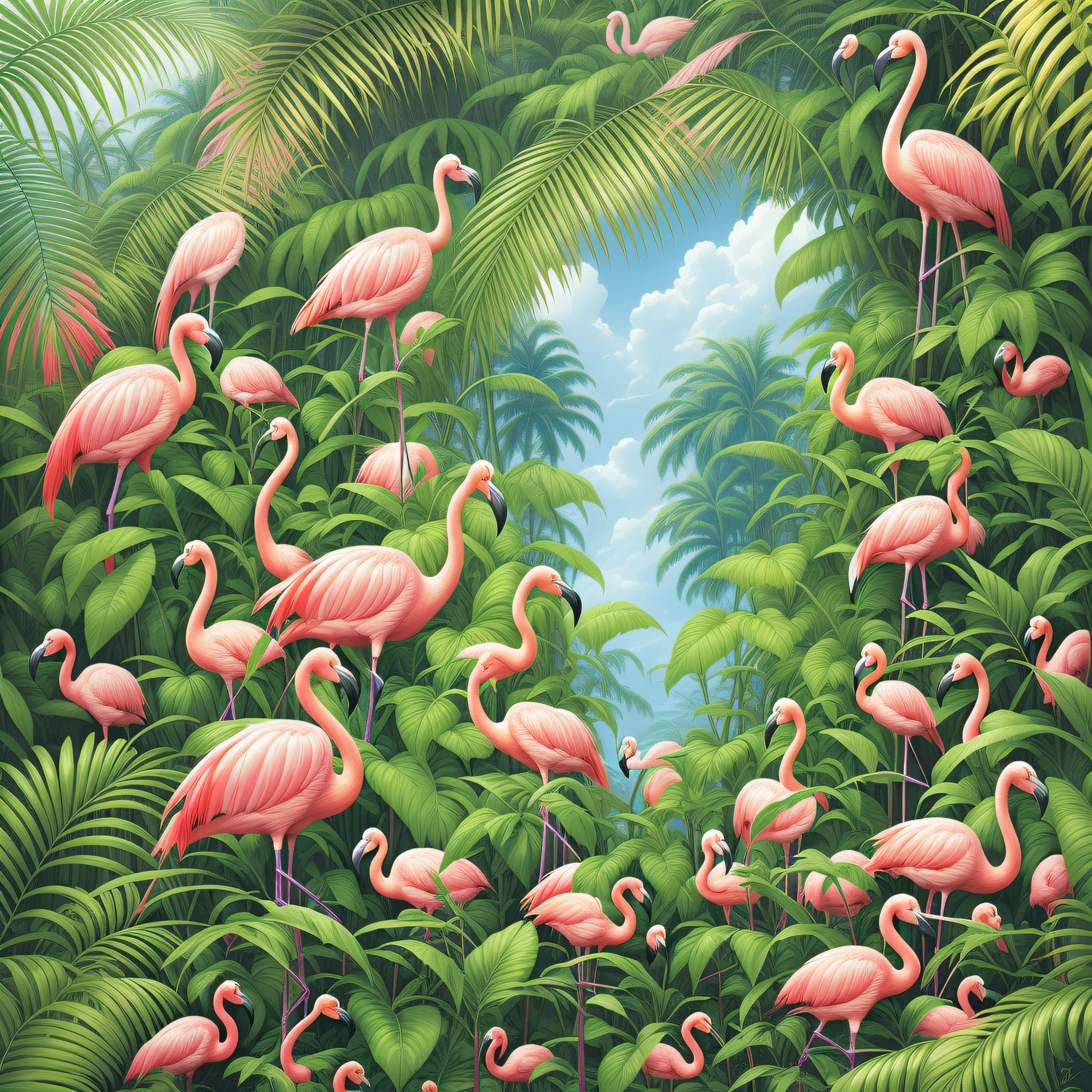 Flamingos in a rainforest with palm leaves and a blue sky, by Hildebrandt, rendering, hyper realistic, by David B. Mattingly, flamingos, flamingos, jim warren, laurent durieux, tropical birds, hildebrandt, mysterious jungle painting, flamingo, by Bernard van Orley, incredible background, tropical paradise, by Thomas Dalziel, by Joe Jusko, inspired by Joe Jusko, masterpiece, 8k,  Highly detailed, 3D