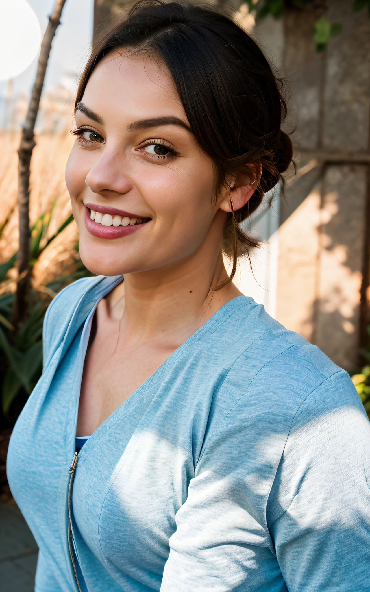 1 woman ((upper body selfie, smiling)), masterpiece, best quality, ultra-detailed, restaurant, (noirte), nature, cheerful, looking at the moon, happy, backpack, light blue closed-sleeved shirt, shadows, contrast, clear sky, style, (warm hue, warm tone: 1.2), close-up, cinematic light, side lighting, ultra high resolution, best shadow, RAW, body face part, serious look, breasts normal, 4k,