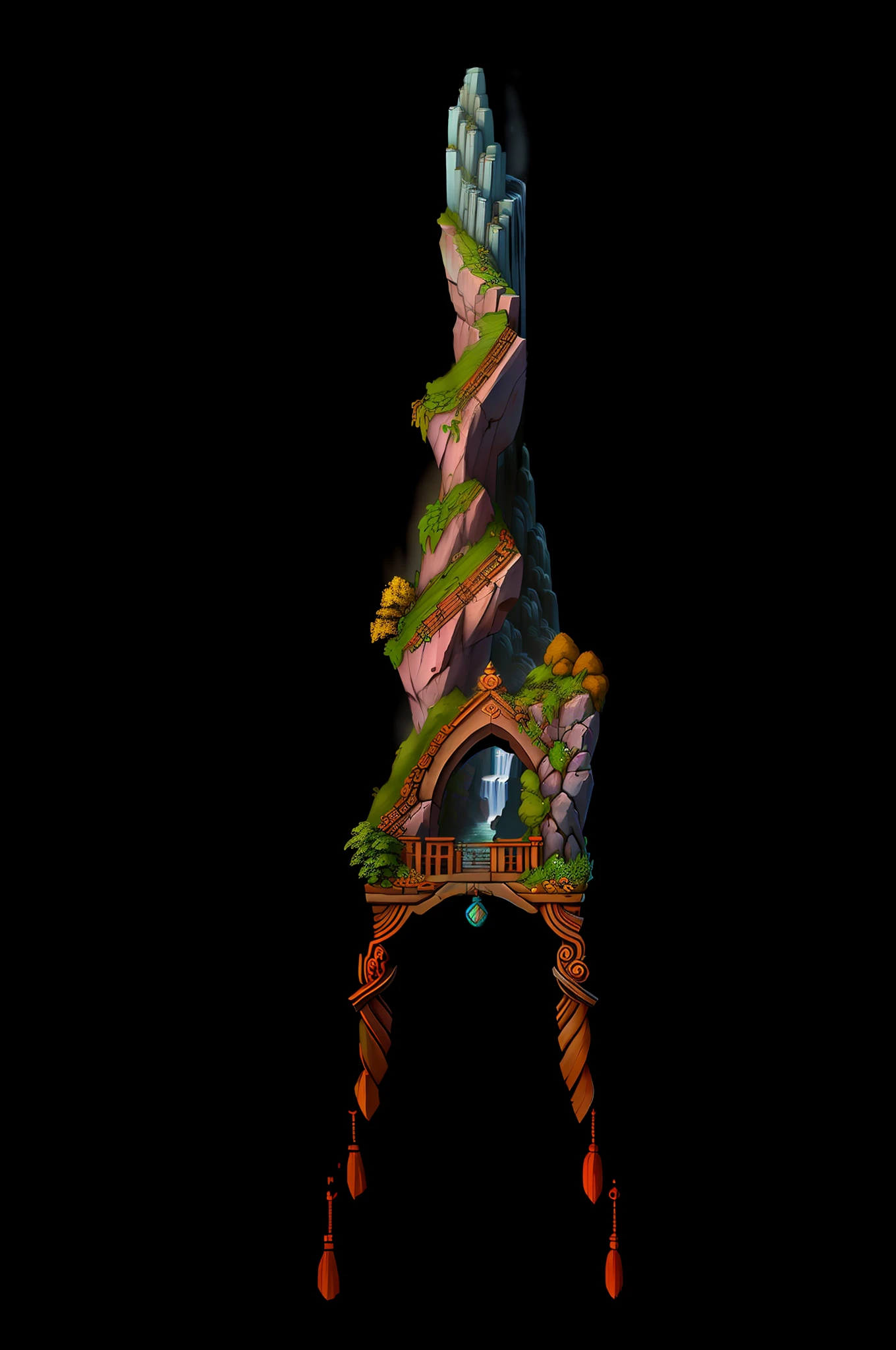 Best Quality, Art Station Trend, Masterpiece, Chinese Architecture, Arches, Steps, Waterfalls, Streams, Peach Blossoms, [[Alps|Chopper|Flowering Tree]: Waterfall: 0.3], Straight [Stone|root|leaf|branch|stem] with bracket, [Flower: 0.5] In the middle of the bottom bracket is the hilt, stone, steps, and the background is an ink painting