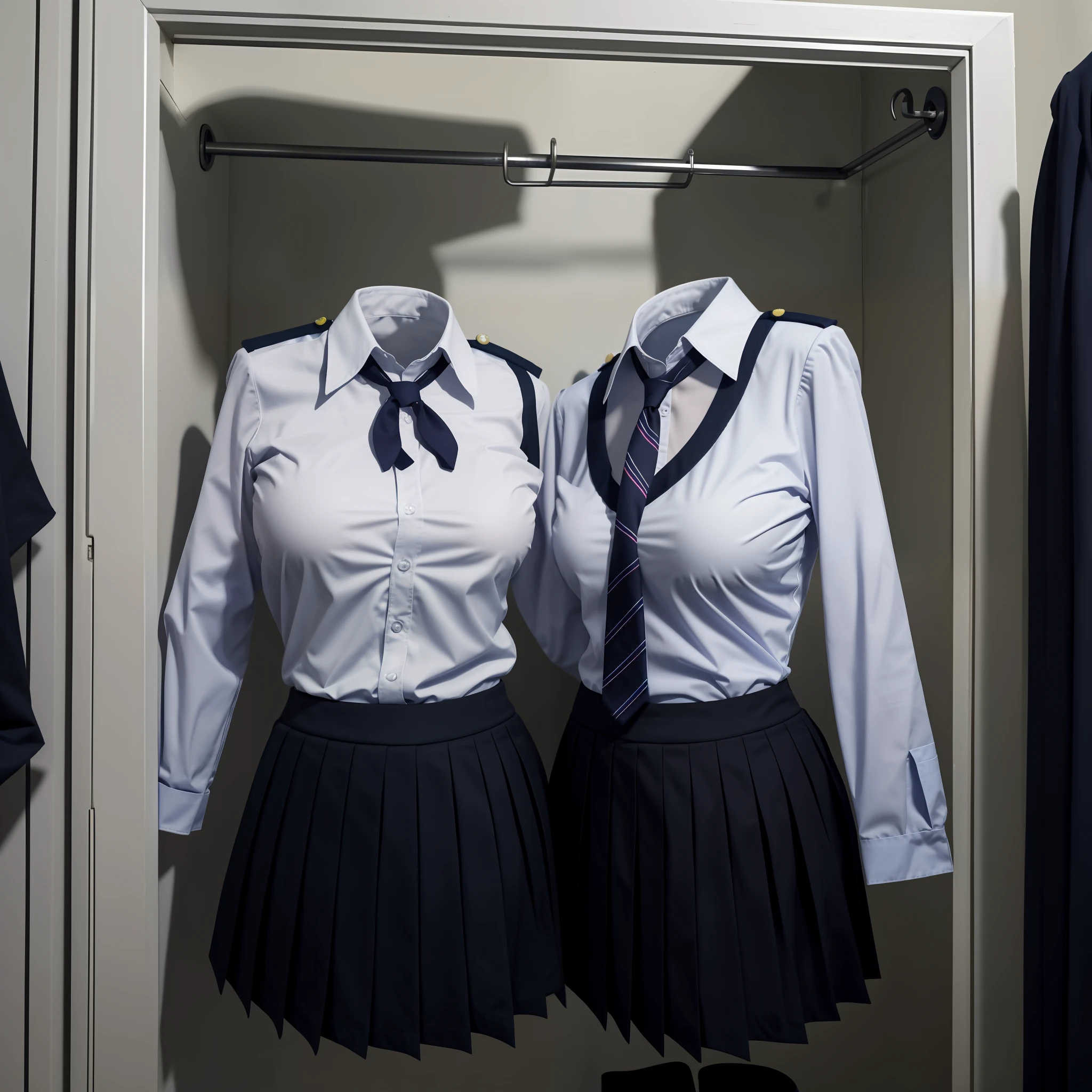 school uniforms in the closet raise their sleeves as if invisible girl wear them, school uniforms swells as if possessed by invisible girls, school uniforms have huge breasts and cleavage, (((no humans))), (headless), faceless, invisible girls, jk ribbon on the neck, (yuri), from back