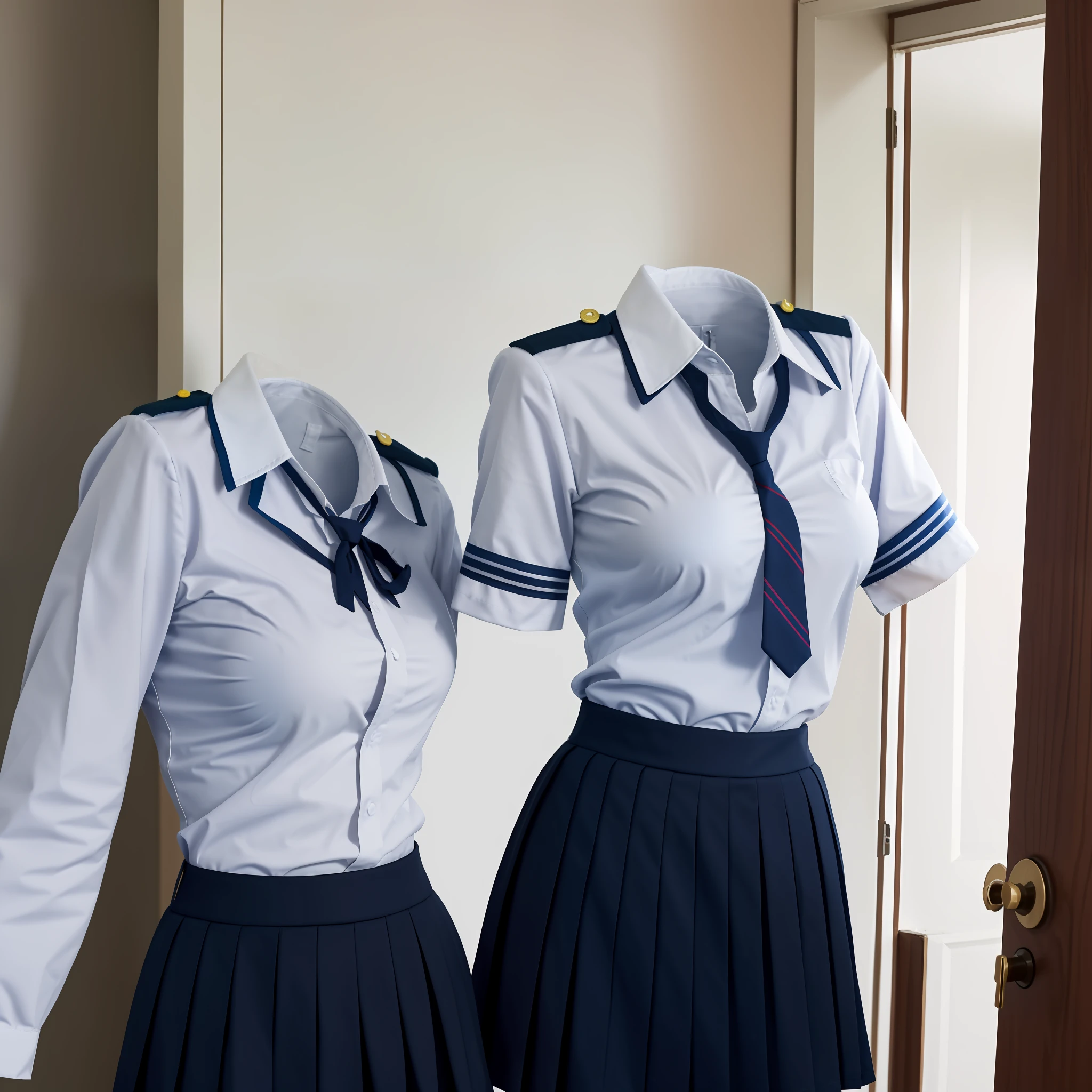 school uniforms in the closet raise their sleeves as if invisible girl wear them, school uniforms swells as if possessed by invisible girls, school uniforms have huge breasts and cleavage, (((no humans))), (headless), faceless, invisible girls, jk ribbon on the neck, (yuri), from back