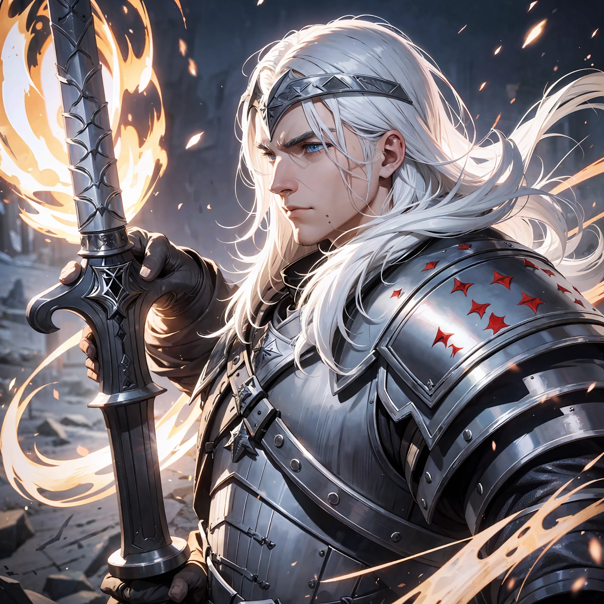 Man 23 years old white hair, medieval armor, helmet on face, black sword on fire, 4k, ultra realistic, inspired by geralt from the game the winther, dead bodies background a lot of blood --auto --s2