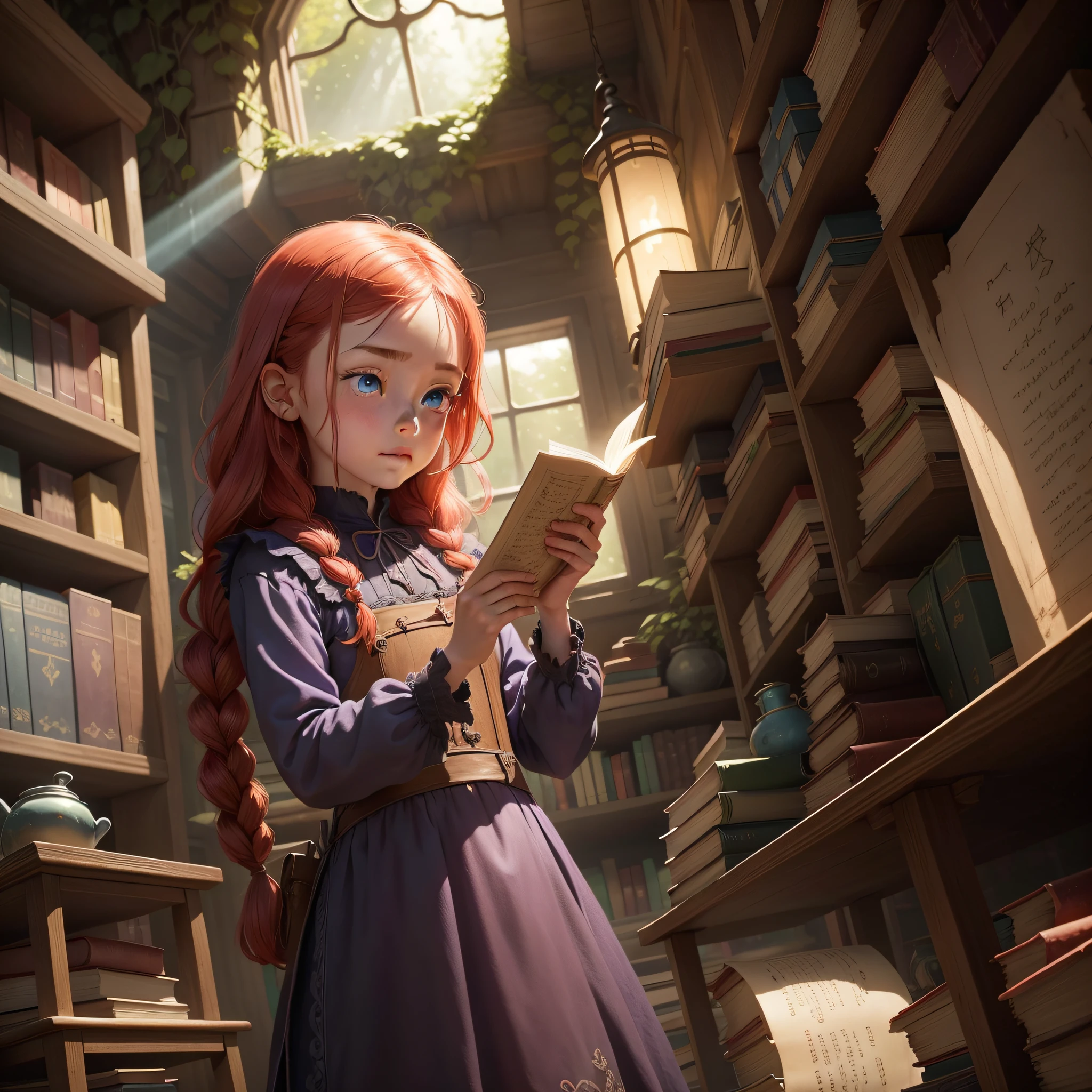 Female character, a beautiful little witch in the style of animation, deep blue eyes, in a library deteriorated by vegetation. Her red hair is tied in loose braids, and she wears a purple dress with embroidered details. The little witch is surrounded by dusty books and shelves covered in vines. There are rays of light penetrating through the broken windows, highlighting the mysterious atmosphere of the place. The little witch holds an ancient scroll and is concentrating on a potion she is preparing, with ingredients scattered around a nearby table. The image will be an illustration in the animation style, with soft lines and vibrant colors, vivid and deep details,