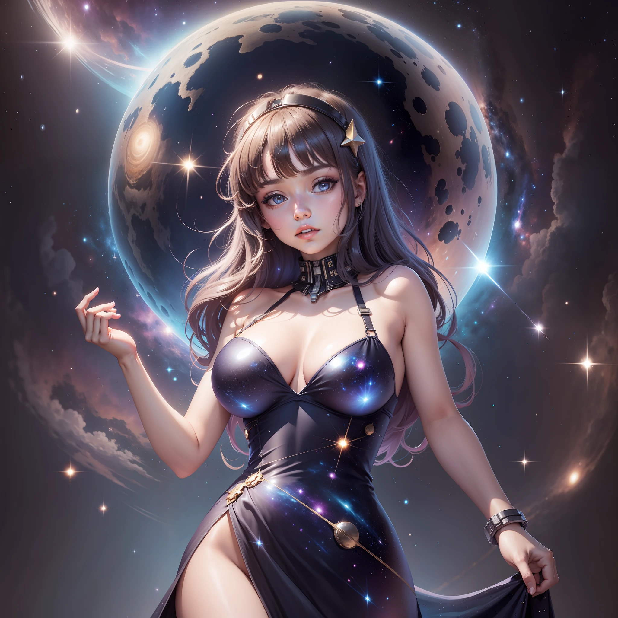 A girl in space wearing a long dress,big breasts,skinny, stars and galaxies