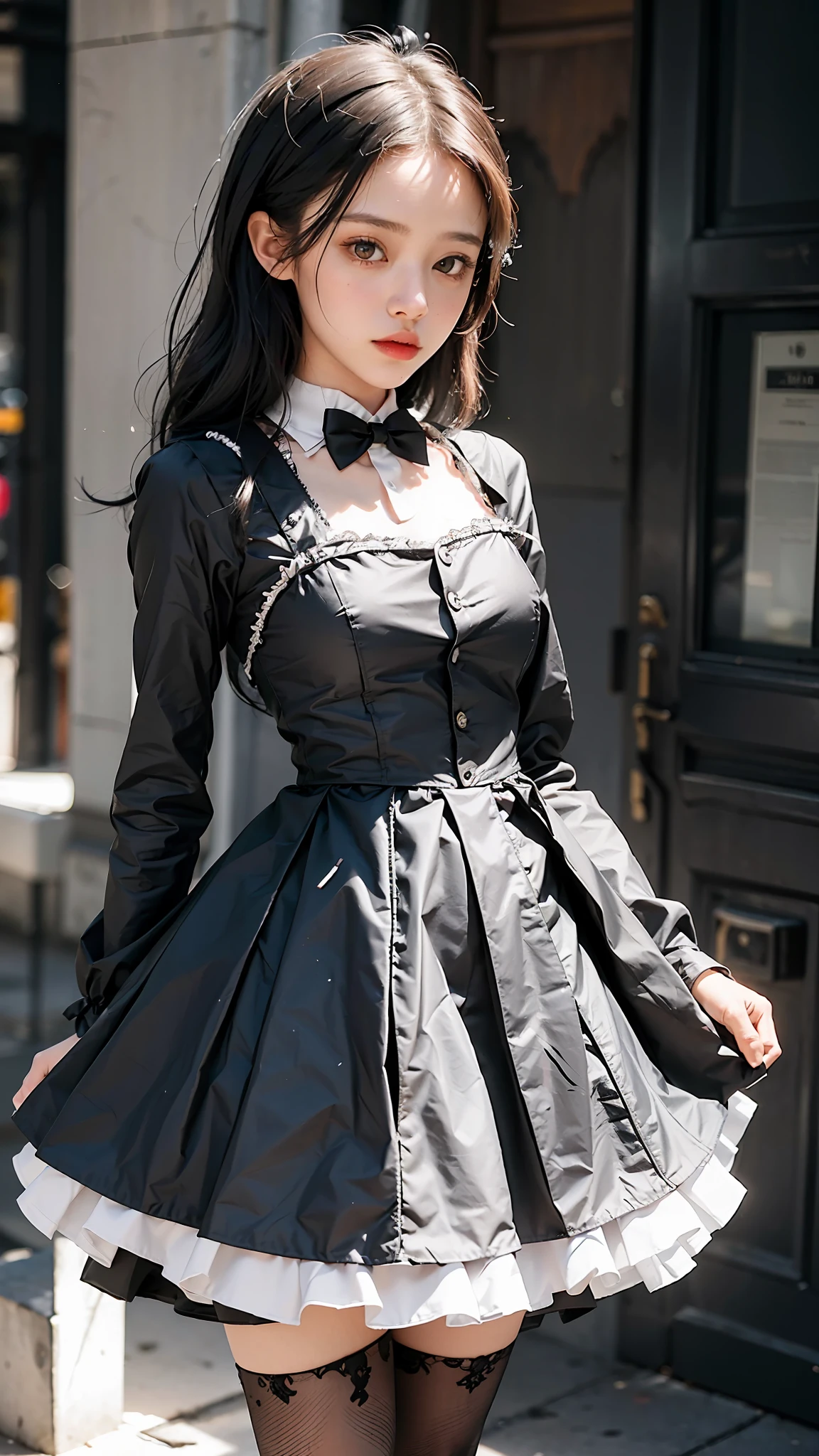 (( best quality, masterpiece, absurd)) image of a woman((jenna ortega,1girl,solo, 20 years,Smart, sarcastic and apathetic, medium chest))in a black dress and white collar shirt, Wednesday addams, school girl in gothic dress, like Wednesday addams, full body with costume, high quality costume, addams, cardboard cutout, goth girl, gothic dress, full body and head view, full body and head view, wide full body shot, goth girl, female whole body