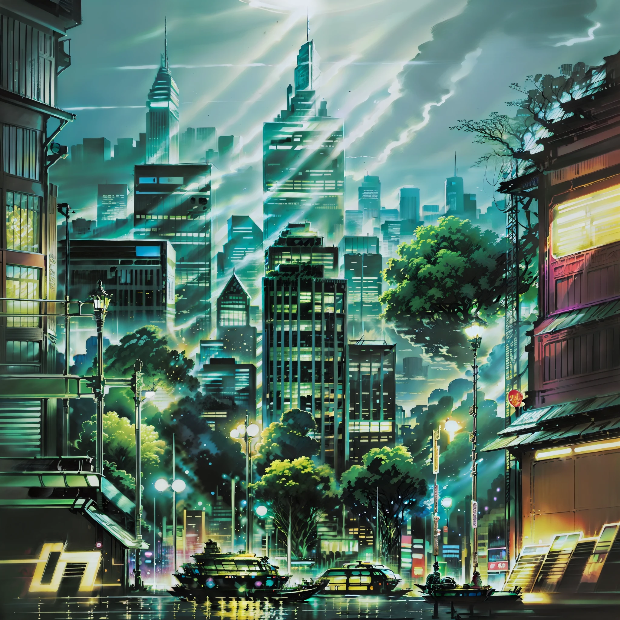 A 4:3 album cover that features a detailed and realistic illustration of buildings with spotlights. The illustration depicts the buildings with precision and richness of detail, creating a visually striking image.
The album cover features a night scene of an urban city, with towering skyscrapers and bright spotlights illuminating the landscape. The art is meticulously crafted to convey the feeling of a vibrant and lively metropolis.
The colors used in the illustration are predominantly metallic, adding a touch of sophistication and modernity. The metallic tones reflect the light of the spotlights, creating an impactful visual effect.
The atmosphere of the cover is dynamic and engaging, capturing the pulsating energy of a bustling city at night. The realistic illustration provides a sense of immersion, transporting the viewer to this urban environment full of lights and towering skyscrapers.