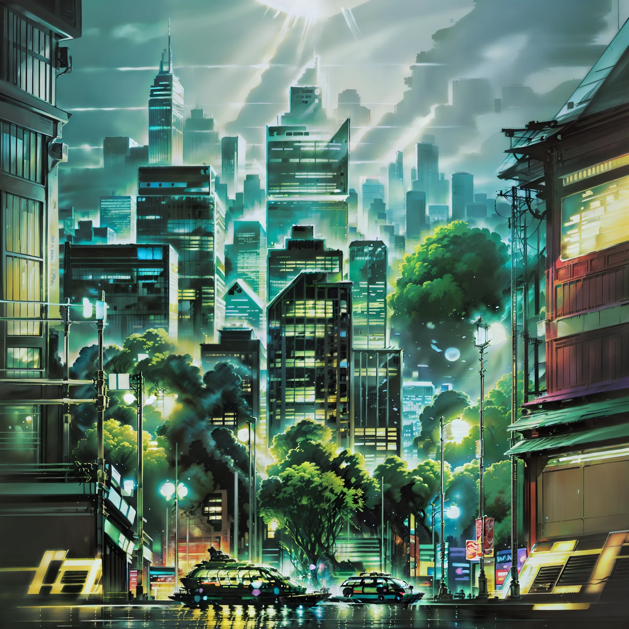 A 4:3 album cover that features a detailed and realistic illustration of buildings with spotlights. The illustration depicts the buildings with precision and richness of detail, creating a visually striking image.

The album cover features a night scene of an urban city, with towering skyscrapers and bright spotlights illuminating the landscape. The art is meticulously crafted to convey the feeling of a vibrant and lively metropolis.

The colors used in the illustration are predominantly metallic, adding a touch of sophistication and modernity. The metallic tones reflect the light of the spotlights, creating an impactful visual effect.

The atmosphere of the cover is dynamic and engaging, capturing the pulsating energy of a bustling city at night. The realistic illustration provides a sense of immersion, transporting the viewer to this urban environment full of lights and towering skyscrapers.