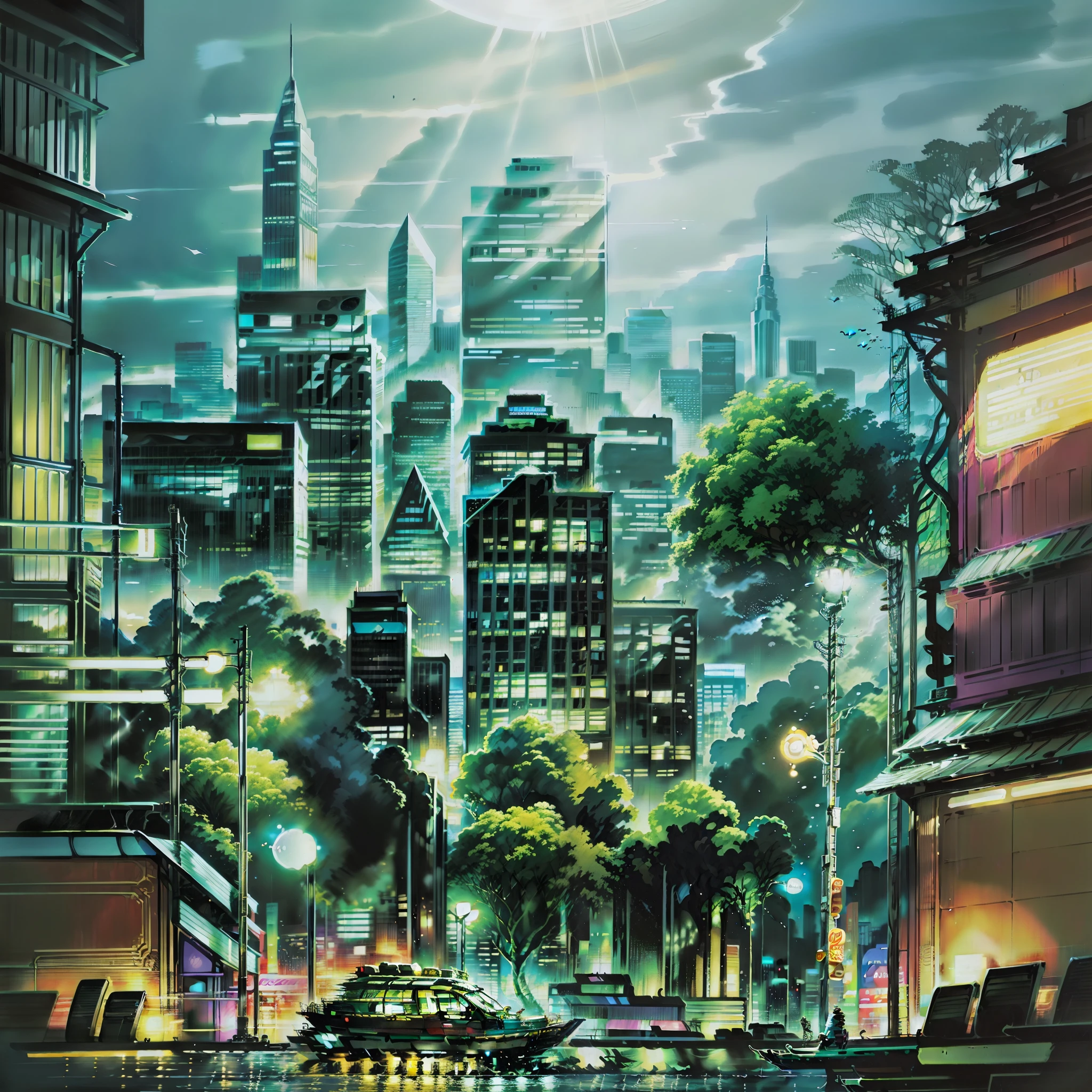 A 4:3 album cover that features a detailed and realistic illustration of buildings with spotlights. The illustration depicts the buildings with precision and richness of detail, creating a visually striking image.
The album cover features a night scene of an urban city, with towering skyscrapers and bright spotlights illuminating the landscape. The art is meticulously crafted to convey the feeling of a vibrant and lively metropolis.
The colors used in the illustration are predominantly metallic, adding a touch of sophistication and modernity. The metallic tones reflect the light of the spotlights, creating an impactful visual effect.
The atmosphere of the cover is dynamic and engaging, capturing the pulsating energy of a bustling city at night. The realistic illustration provides a sense of immersion, transporting the viewer to this urban environment full of lights and towering skyscrapers.
