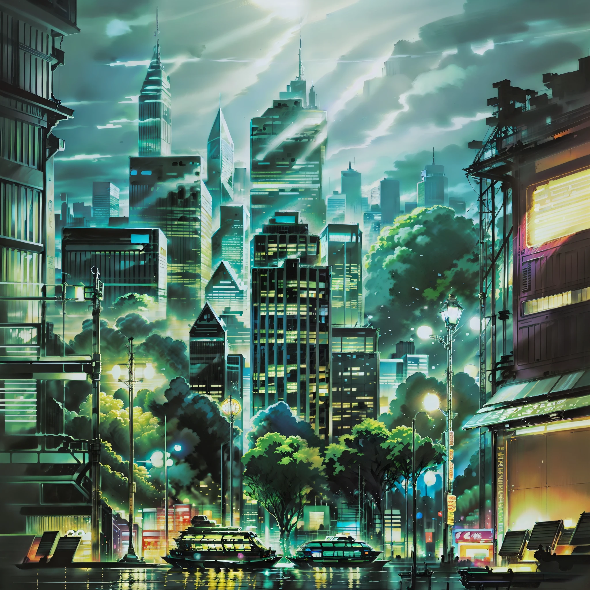 A 4:3 album cover that features a detailed and realistic illustration of buildings with spotlights. The illustration depicts the buildings with precision and richness of detail, creating a visually striking image.
The album cover features a night scene of an urban city, with towering skyscrapers and bright spotlights illuminating the landscape. The art is meticulously crafted to convey the feeling of a vibrant and lively metropolis.
The colors used in the illustration are predominantly metallic, adding a touch of sophistication and modernity. The metallic tones reflect the light of the spotlights, creating an impactful visual effect.
The atmosphere of the cover is dynamic and engaging, capturing the pulsating energy of a bustling city at night. The realistic illustration provides a sense of immersion, transporting the viewer to this urban environment full of lights and towering skyscrapers.