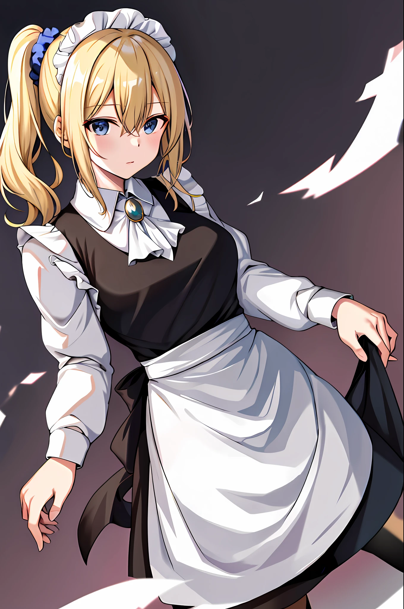 masterpeace, best quality, highres, 1girl, hayasaka ai, solo, blonde hair, maid, blue eyes, side ponytail, hair scrunchie, hair ornament, blue scrunchie, maid headdress, apron, hair between eyes, breasts, long sleeves, bangs, white shirt, black dress, sidelocks, maid apron, black pantyhose,  cowboy shot,