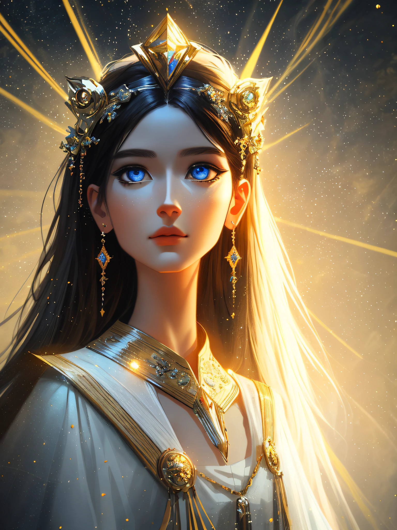 ((best quality)), ((masterpiece)), ((realistic)), woman, celestial, deity, goddess, light particles, magic, light rays, reflections, (colorful), ray tracing, elegant dress, beautiful, pretty, detailed face, detailed eyes, illustration, highly detailed, sharp focus, digital render, professional, 4k, artstation,