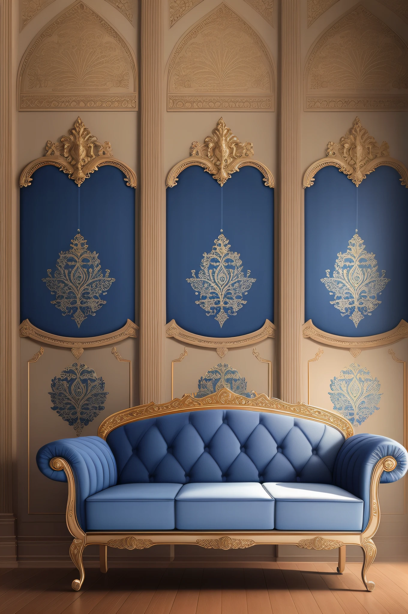 best quality, masterpiece, classic furniture in an indigo blue color scheme a sofa 2 meters wide, comfortable and cozy velvet with ultra-detailed details in high resolution with four Indian blue cushions."