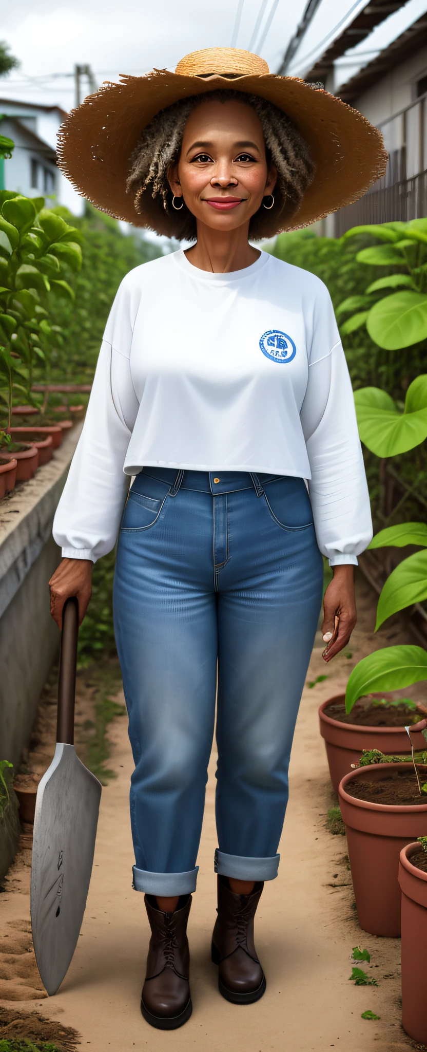 A 50-year-old mulatto woman, thin from periphary, is standing, staring into the camera. She is in a community garden in a favela in Bahia. Wearing a simple straw hat, white T-shirt with long sleeves, dark blue uniform pants and long black farmer's boots, he is very happy. next to it, a hoe and a shovel and in the background plants.