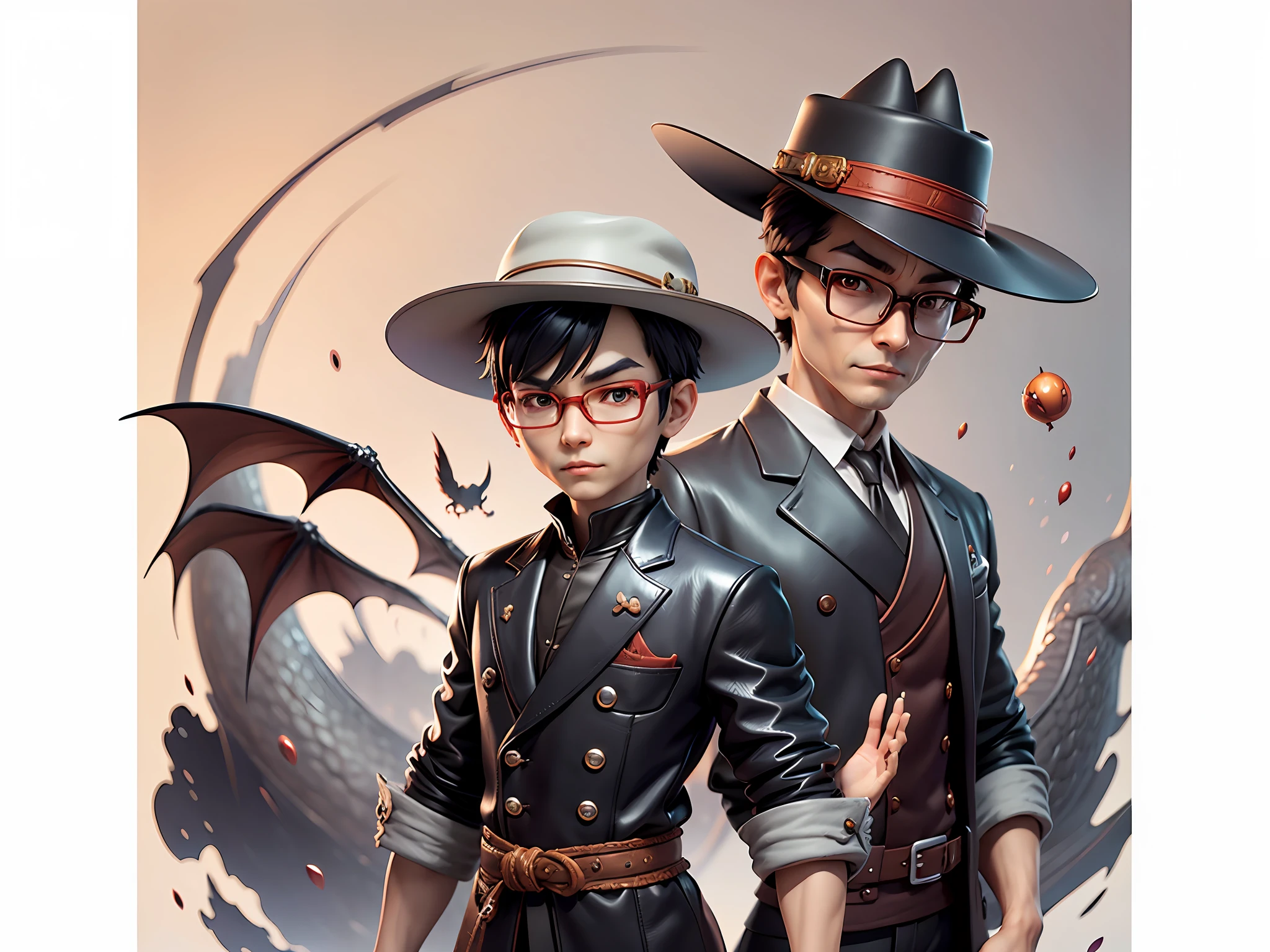 Young man with oriental face in leather hat, dragon, formal suit, short black hair, silver glasses, digital painting, 3D character design by Mark Clairedon and Pixar and Hayao Miyazaki and Akira Toriyama, the illustration is a high-definition illustration in 4K resolution with very detailed facial features and cartoon-style visuals.