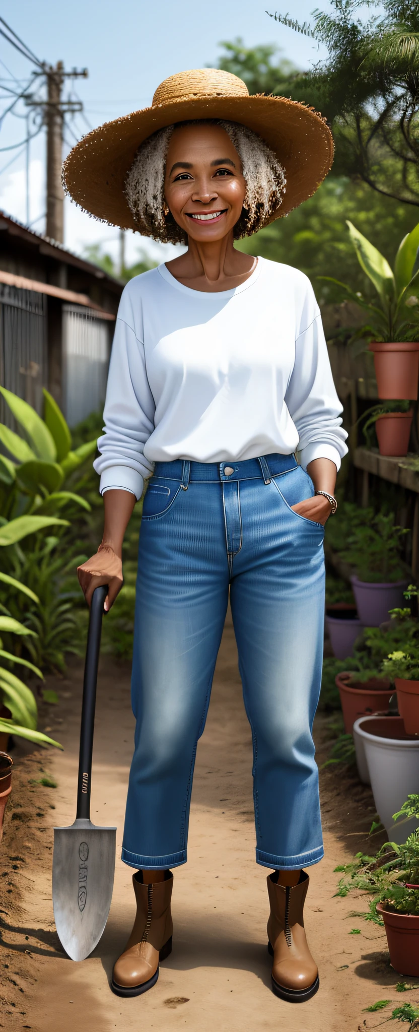 A 50-year-old mulatto woman, thin from periphary, is standing, staring into the camera. She is in a community garden in a favela in Bahia. Wearing a simple straw hat, white T-shirt with long sleeves, dark blue uniform pants and long black farmer's boots, he is very happy. next to it, a hoe and a shovel and in the background plants.