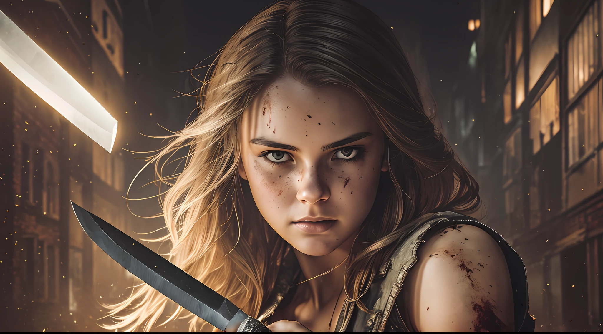 closeup of young woman game player (holding knife) (attack stance) in dark abandoned alley gloomy night, perfect picture, studio shot, intricate, highly detailed, by greg rutkowski,