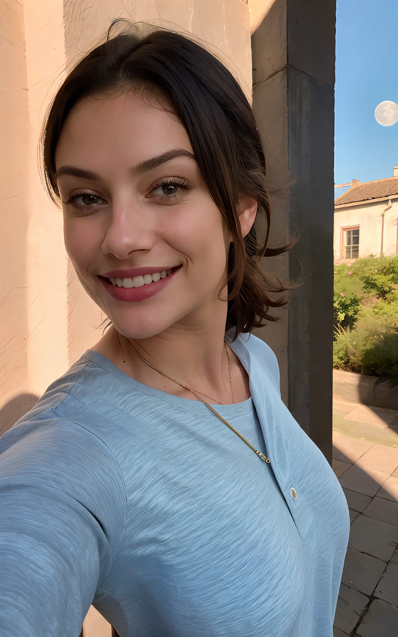 1 young 27 years ((upper body selfie, smiling)), masterpiece, best quality, ultra-detailed, restaurant, (noirte), nature, cheerful, looking at the moon, happy, backpack, light blue closed-sleeved shirt, shadows, contrast, clear sky, style, (warm hue, warm tone: 1.2), close-up, cinematic light, side lighting, ultra high resolution, best shadow, RAW, face part of the body,  serious look, normal breasts, 4k,
