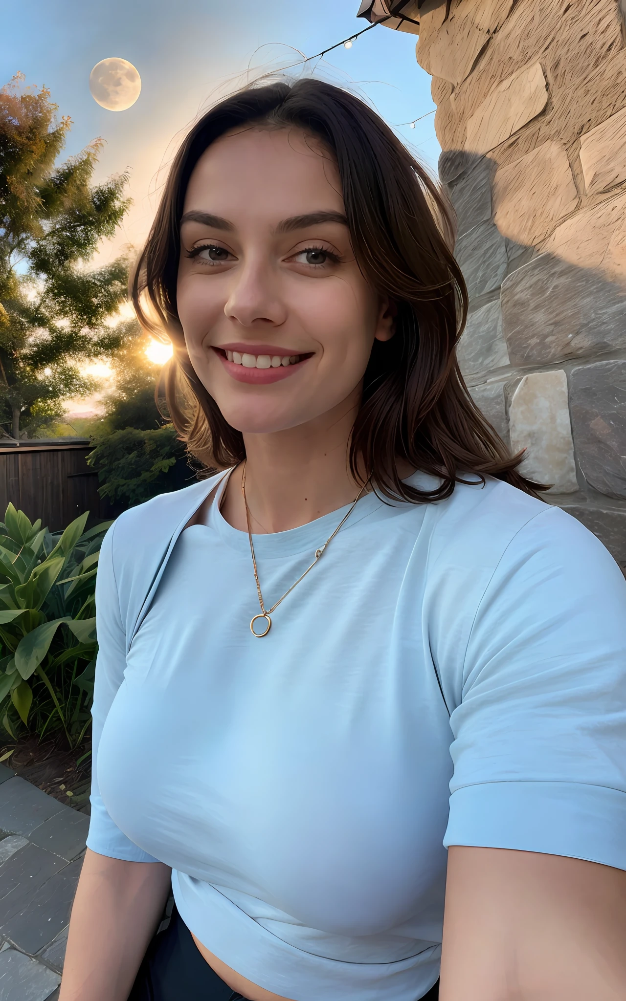 1 woman ((upper body selfie, smiling)), masterpiece, best quality, ultra-detailed, restaurant, (noirte), nature, cheerful, looking at the moon, happy, backpack, light blue closed-sleeved shirt, shadows, contrast, clear sky, style, (warm hue, warm tone: 1.2), close-up, cinematic light, side lighting, ultra high resolution, best shadow, RAW, body face part, serious look, breasts normal, 4k,