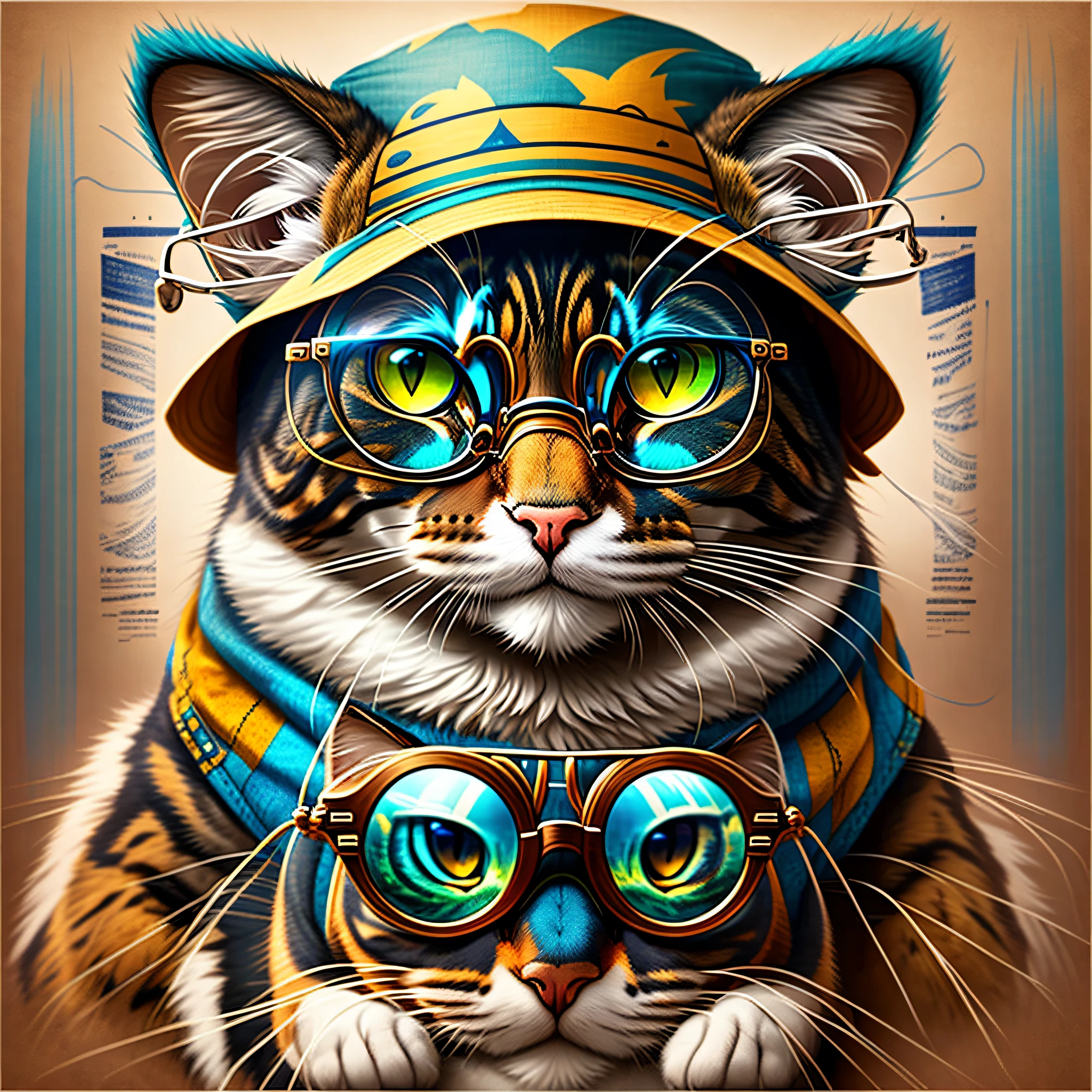artistic, a cat, with prescription glasses, front photo, with bucket hat
