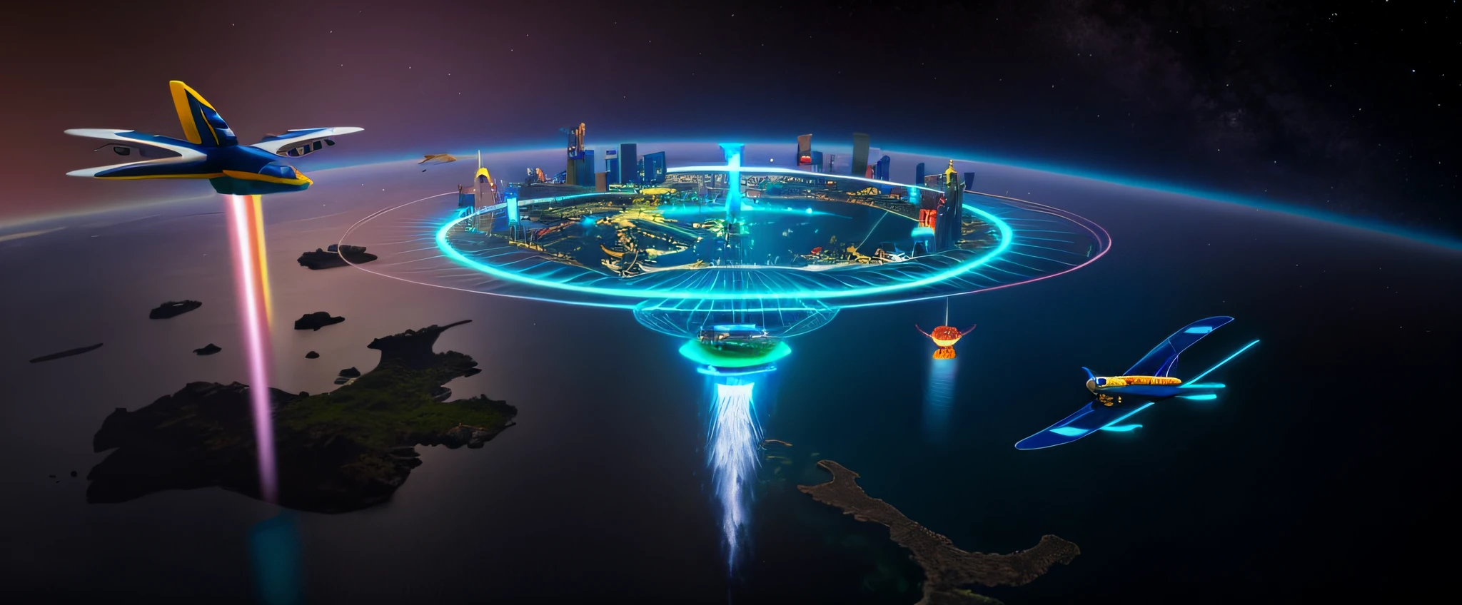 island flying in space, art, anime style, city