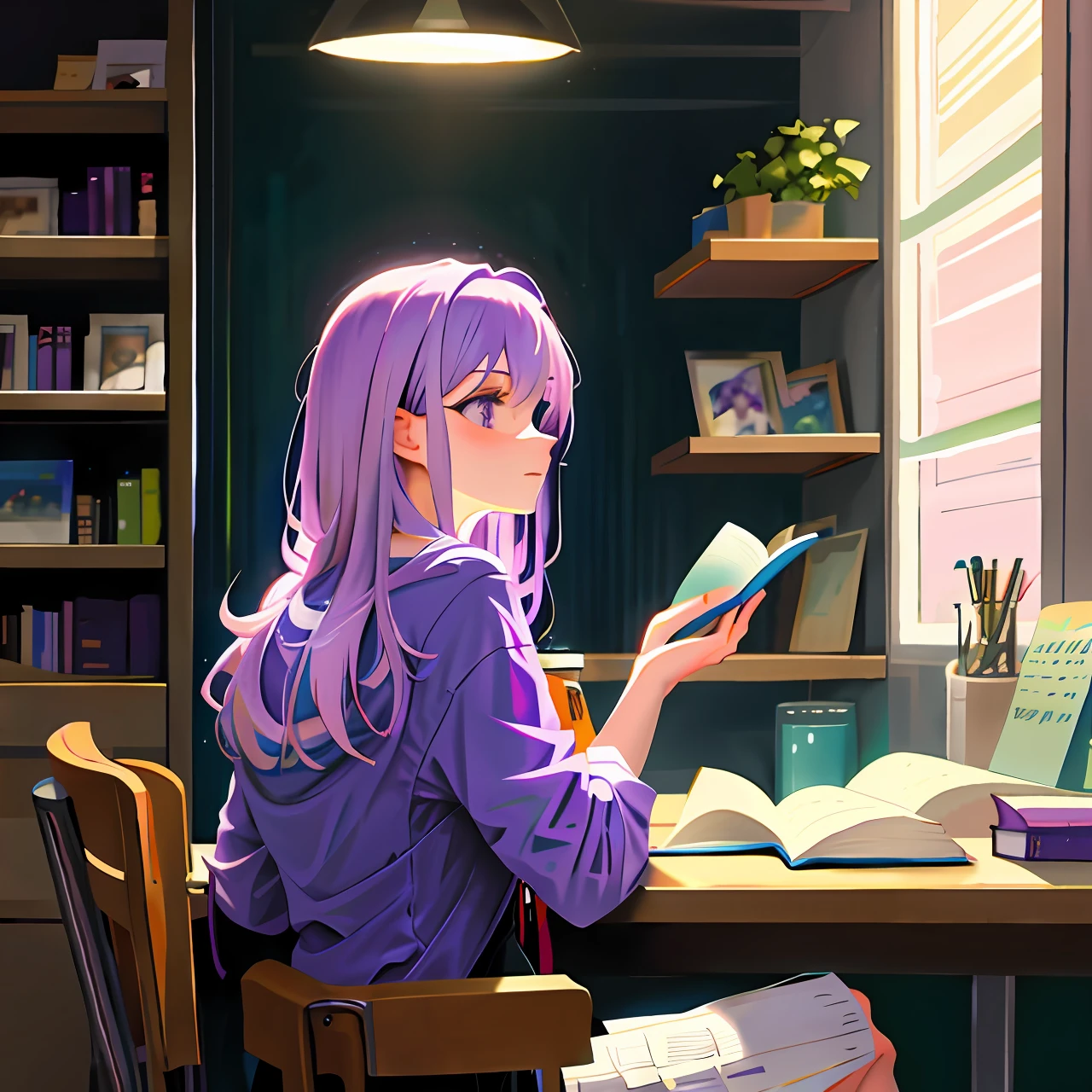 Lilac Haired Woman Reading Book from Back Style Realism