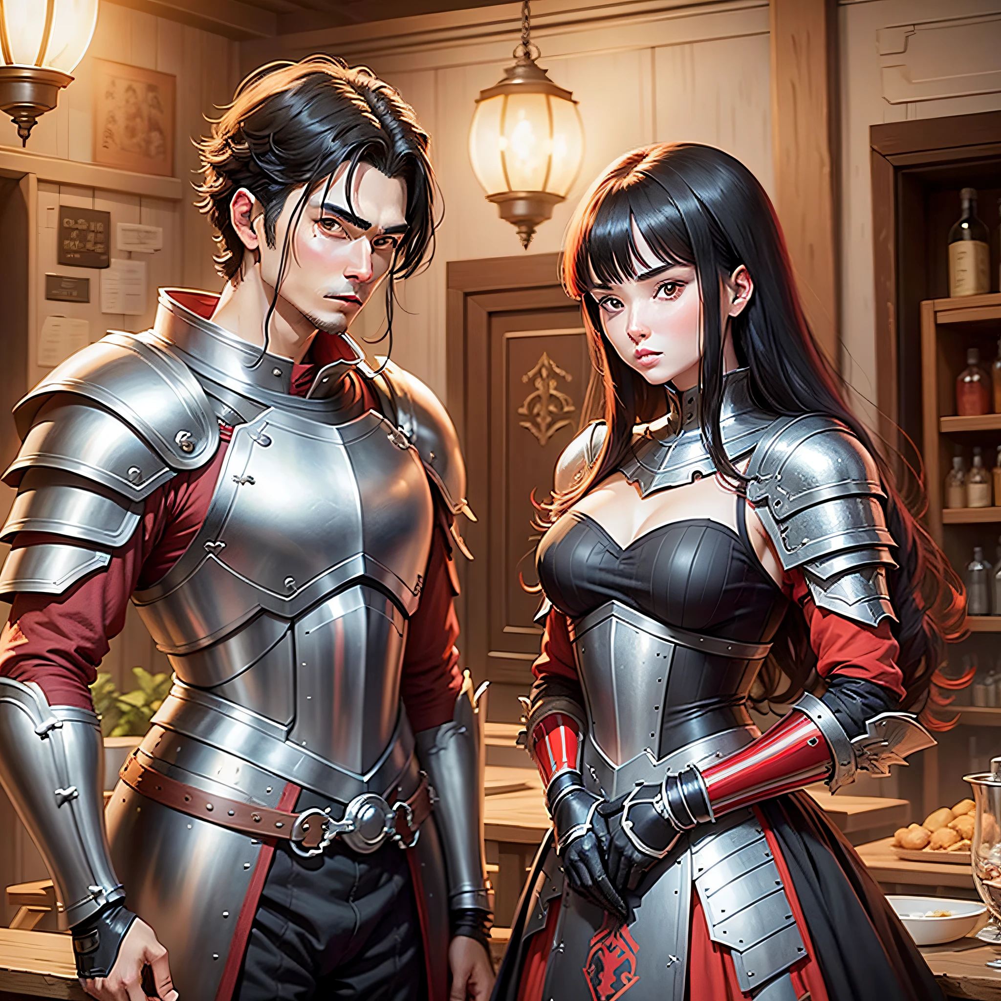 anime - couple style dress in armor, black haired man, red haired woman, posing for a frame in a tavern --auto --s2