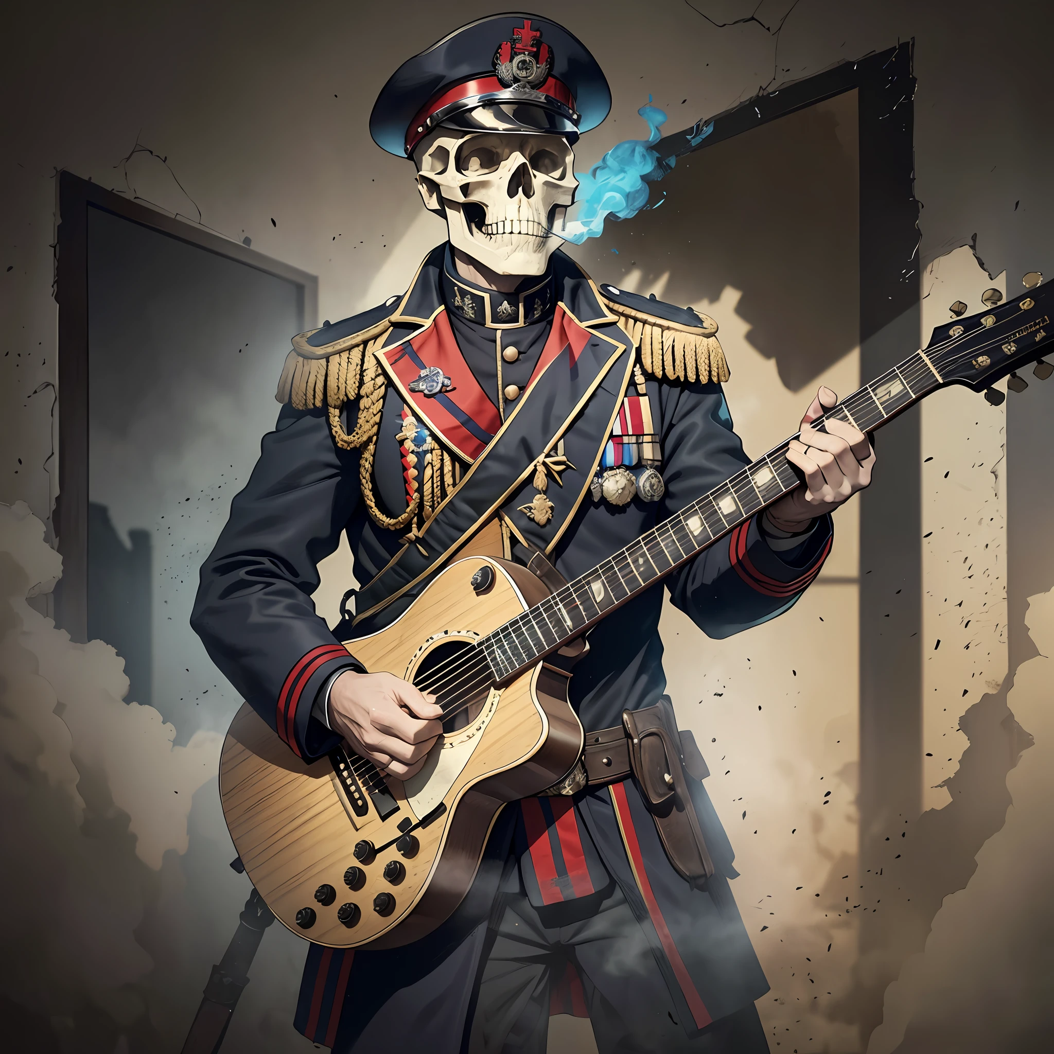 Imagine a skull in the uniform of an English soldier from the 1840s, playing a guitar, around cannons and lots of smoke and dust, very detailed image, textures, shadows, reflections, dark environment, realistic high-definition image, cinematic scene, vibrant colors