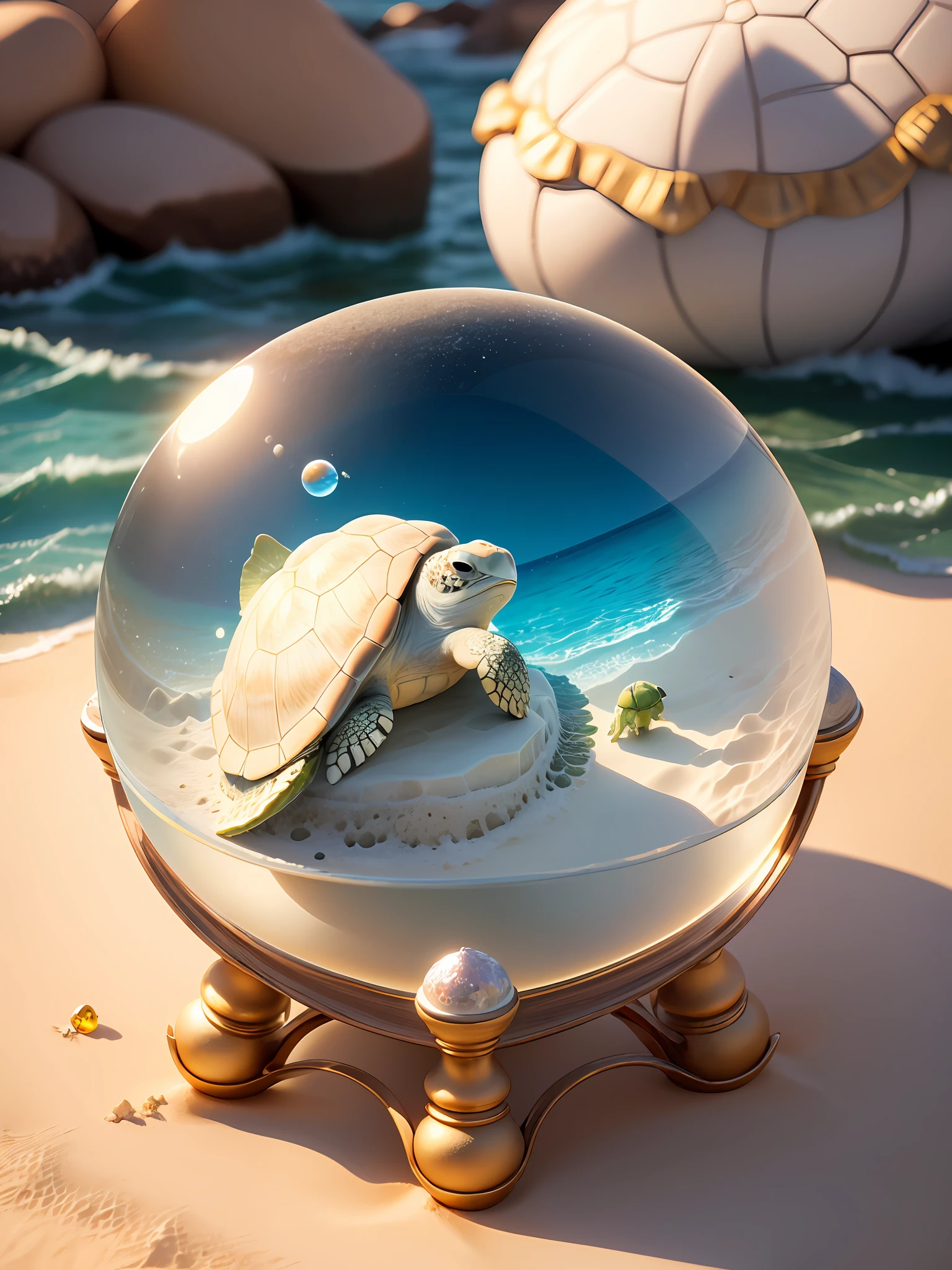 Ultra-realistic, 16K high resolution, (Max Sharp Focus: 1.3), (Max Close-up: 0.5), (Sandy sea turtle trapped in a crystal perfect ball with pedestal on table: 1.7), (White sand, small turtle: 1.3)