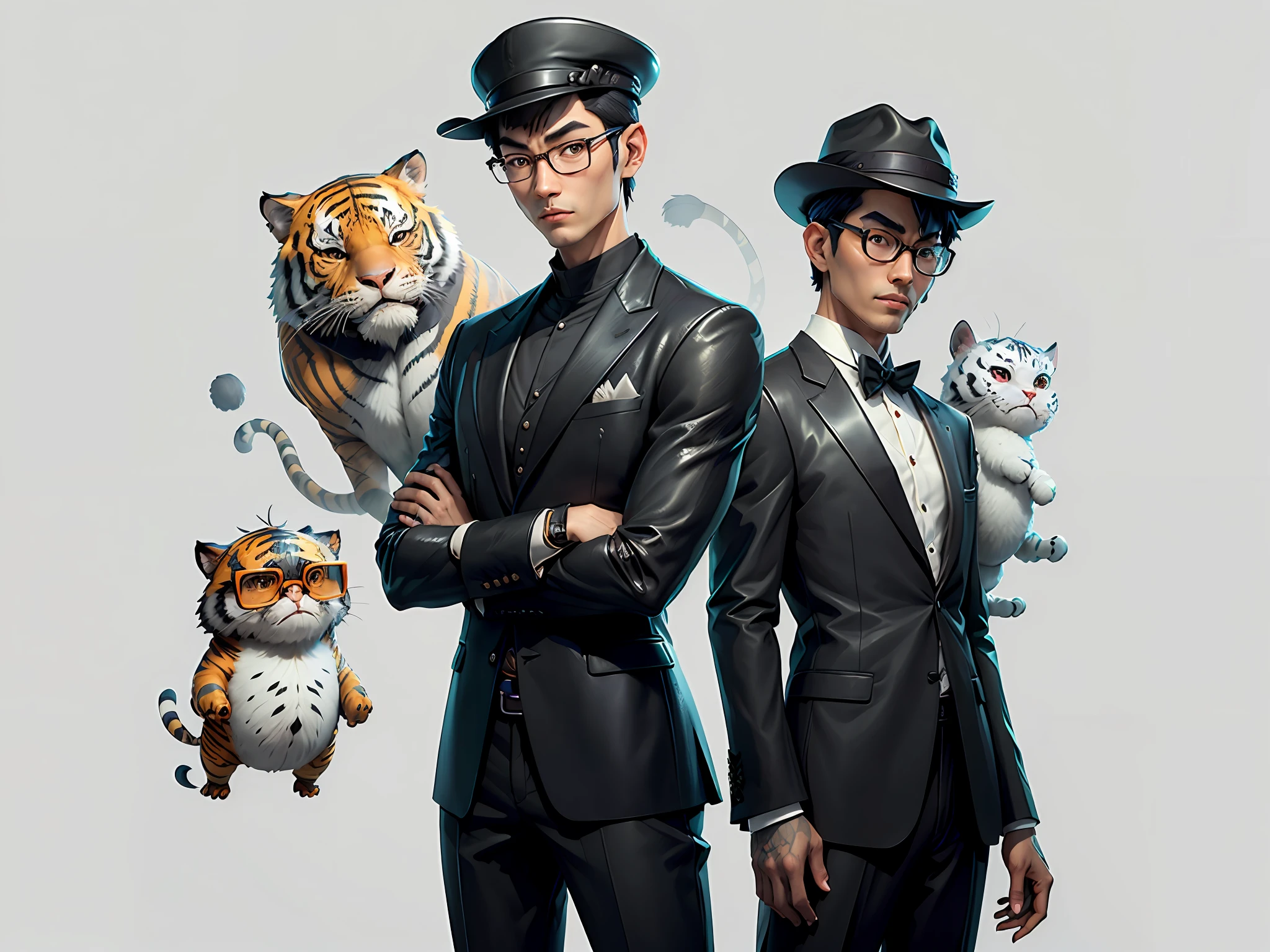 Young man with oriental face in leather hat, tiger, oriental face in formal suit, short black hair, silver glasses, digital painting, 3D character design by Mark Clairedon and Pixar and Hayao Miyazaki and Akira Toriyama, the illustration is a high-definition illustration in 4K resolution with very detailed facial features and cartoon-style visuals.