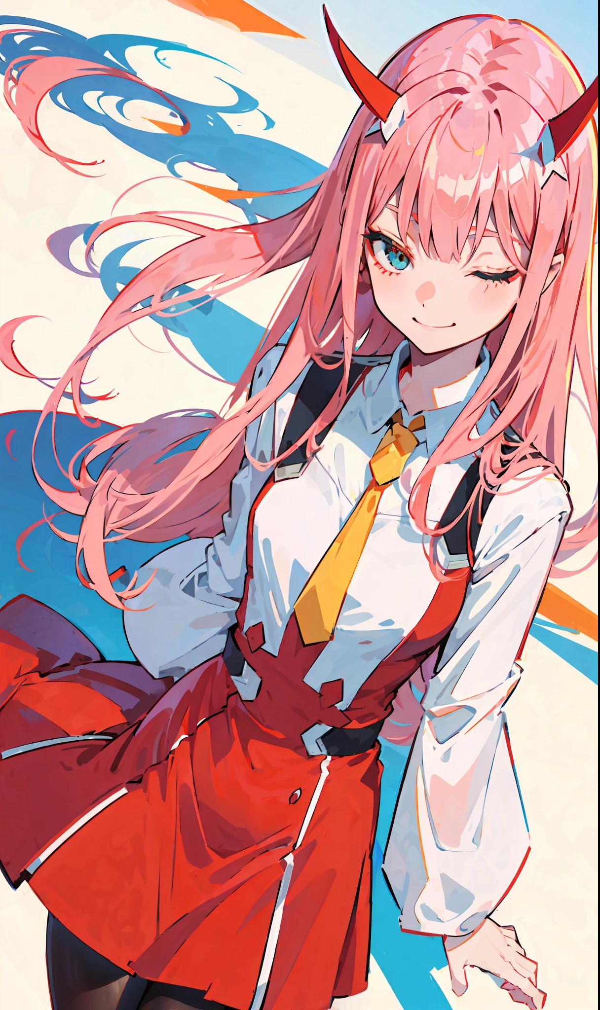 zero two \(darling in franxx\), darling in franxx, 1girl, bangs, bite, shadow, long hair, small breasts, large thighs, makeup, red dress with details, yellow tie, Pantyhose, eyes closed, smiling at the viewer, pair of small red horns, pink hair, red eyeshadow, tight skin, solo