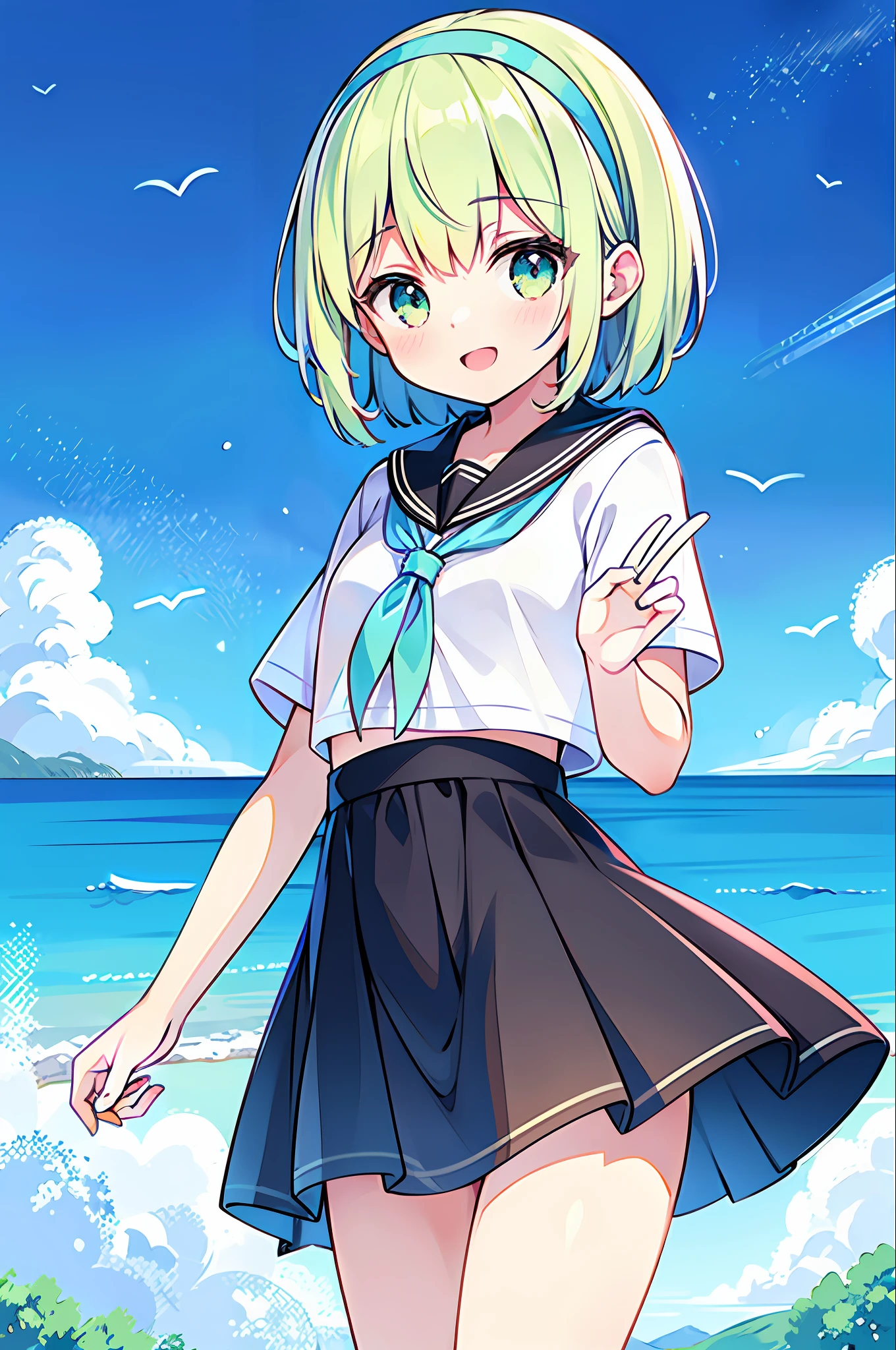 Top quality, super high resolution, girl 1 person, short hair splashing outside the front, blonde hair, light green eyes, small, (white hair band), sailor suit, street, smiling