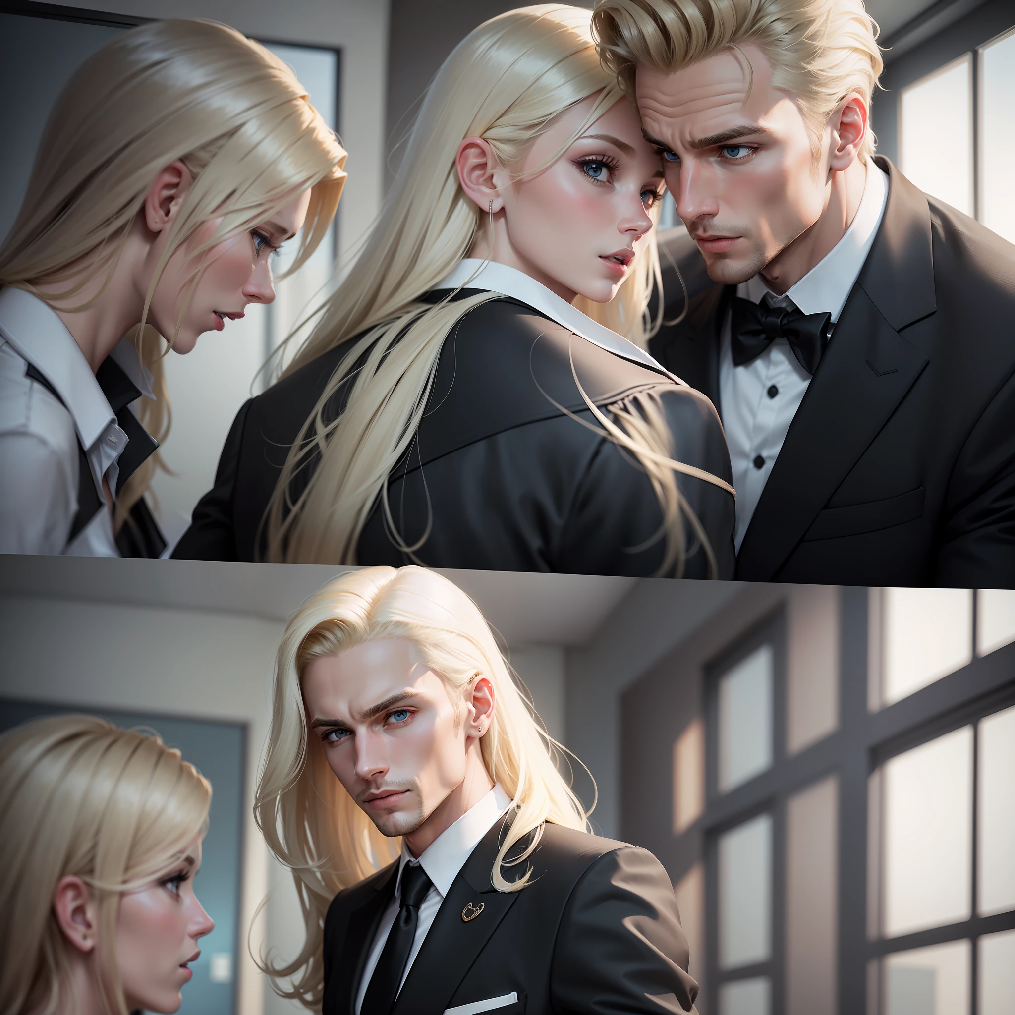 Ultra realistic image of a handsome, athletic blonde man, dressed in a black jacket and a white blouse underneath, surprised expression, embraced by a beautiful blonde dressed in a formal ensemble with a white blazer with black details, meeting room in the background