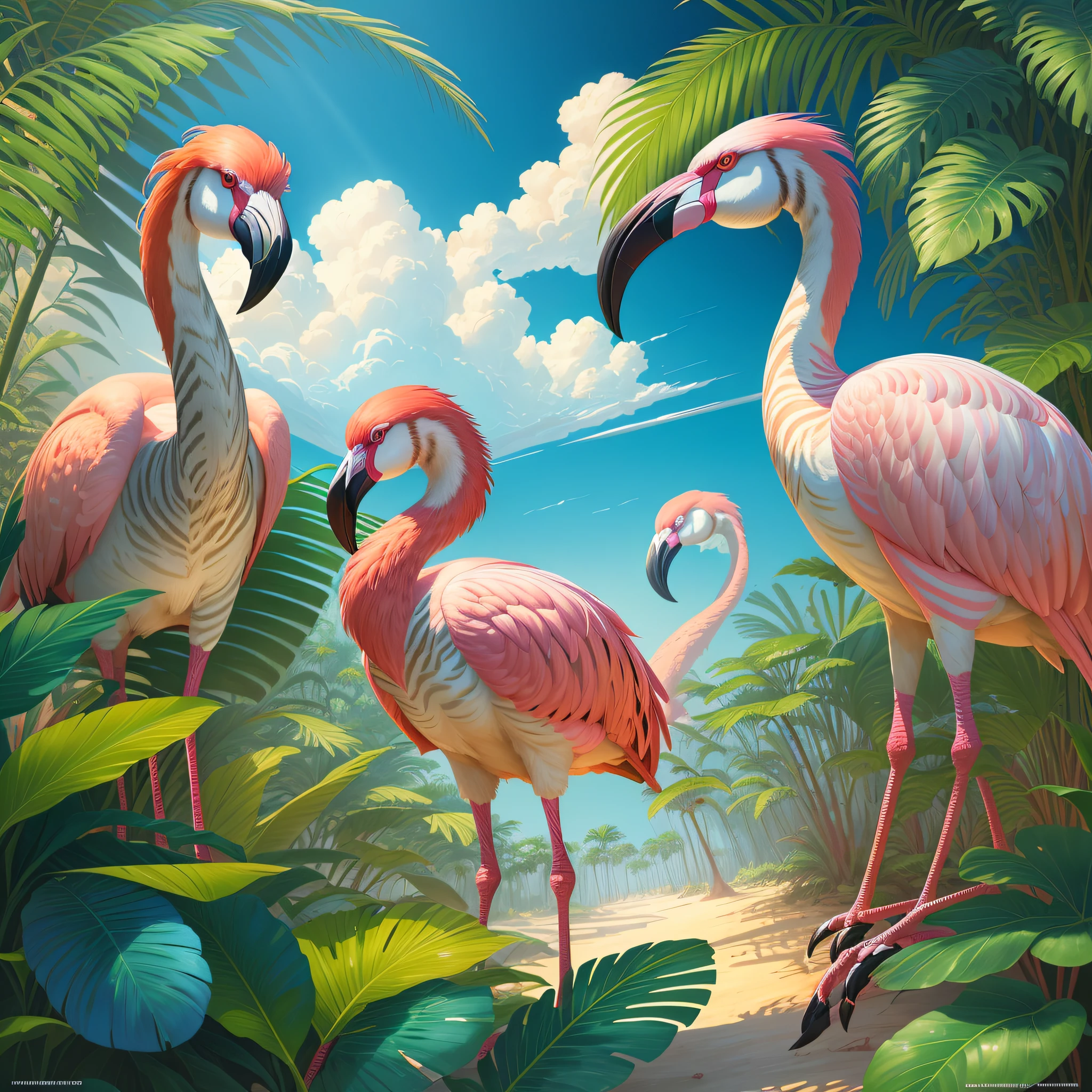 colorful flamingos+zebras in jungle with palm leaves and blue sky, zebra, tropical jungle, by Hildebrandt, hyper realistic, surrealist, by David B. Mattingly, flamingos, flamingos, jim warren, mysterious jungle painting, hildebrandt, tropical birds, flamingo, tropical paradise, by Thomas Dalziel, amazing background, beautiful nature, laurent durieux, by Joe Jusko, by Brian Thomas, by Wayne England, breathtaking, 8k, masterpiece, cinematic, ultra Hd, masterpiece, award-winning, 3D rendering