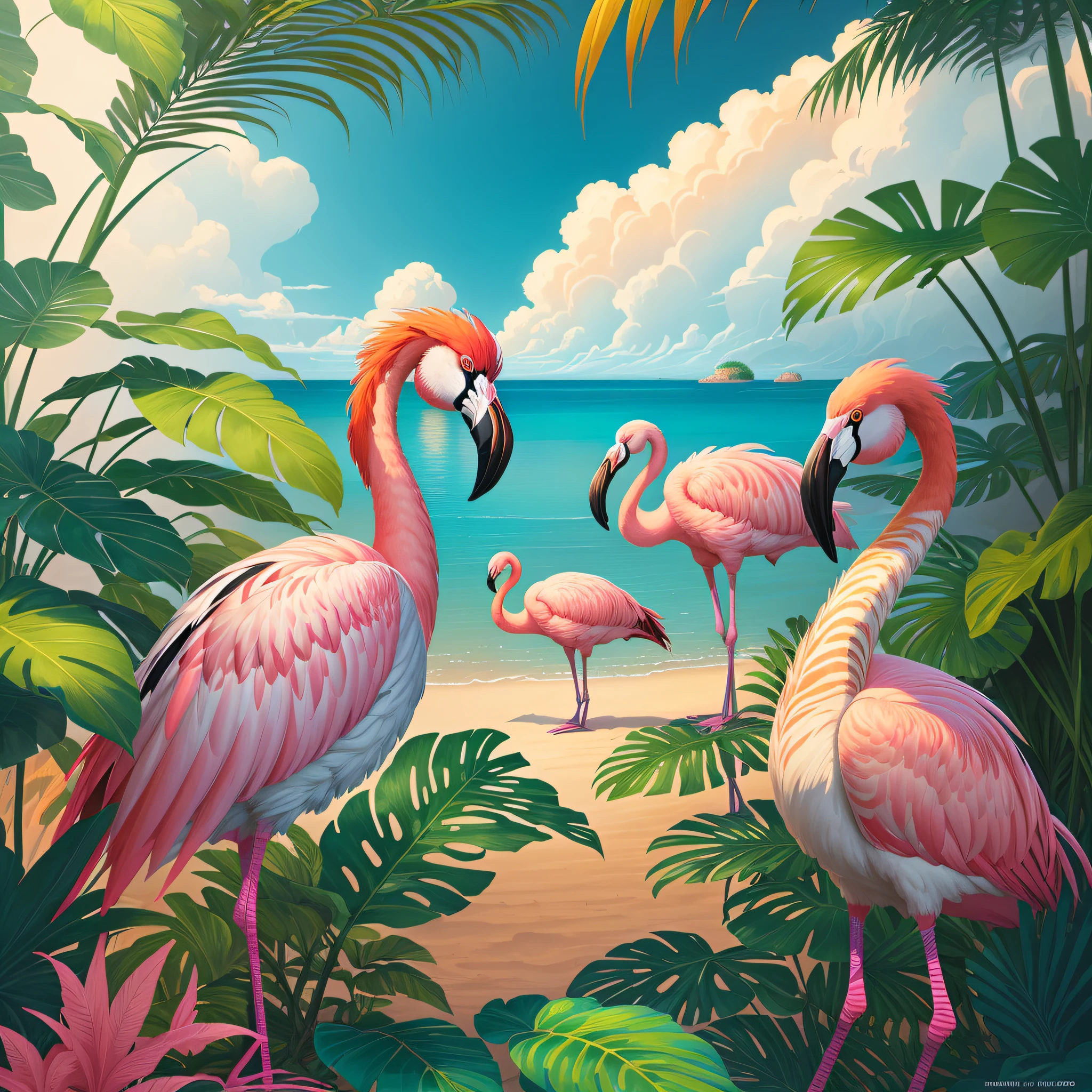 colorful flamingos+zebras in jungle with palm leaves and blue sky, zebra, tropical jungle, by Hildebrandt, hyper realistic, surrealist, by David B. Mattingly, flamingos, flamingos, jim warren, mysterious jungle painting, hildebrandt, tropical birds, flamingo, tropical paradise, by Thomas Dalziel, amazing background, beautiful nature, laurent durieux, by Joe Jusko, by Brian Thomas, by Wayne England, breathtaking, 8k, masterpiece, cinematic, ultra Hd, masterpiece, award-winning, 3D rendering