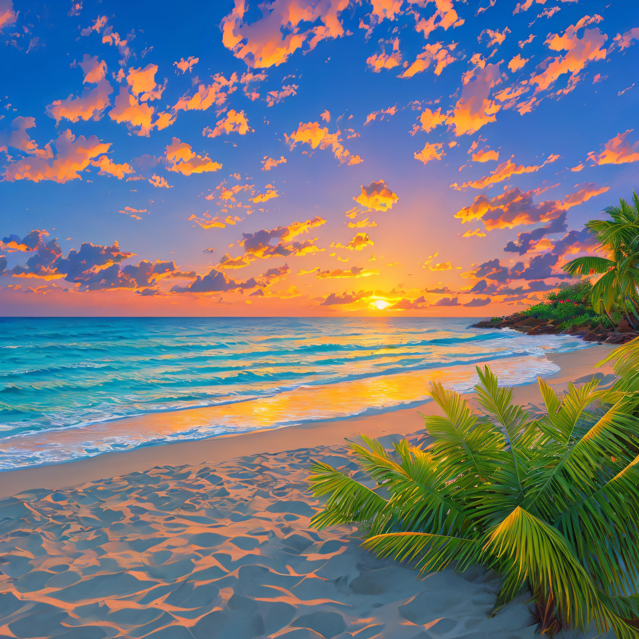 masterpiece artwork sunset beach lush vegetation
