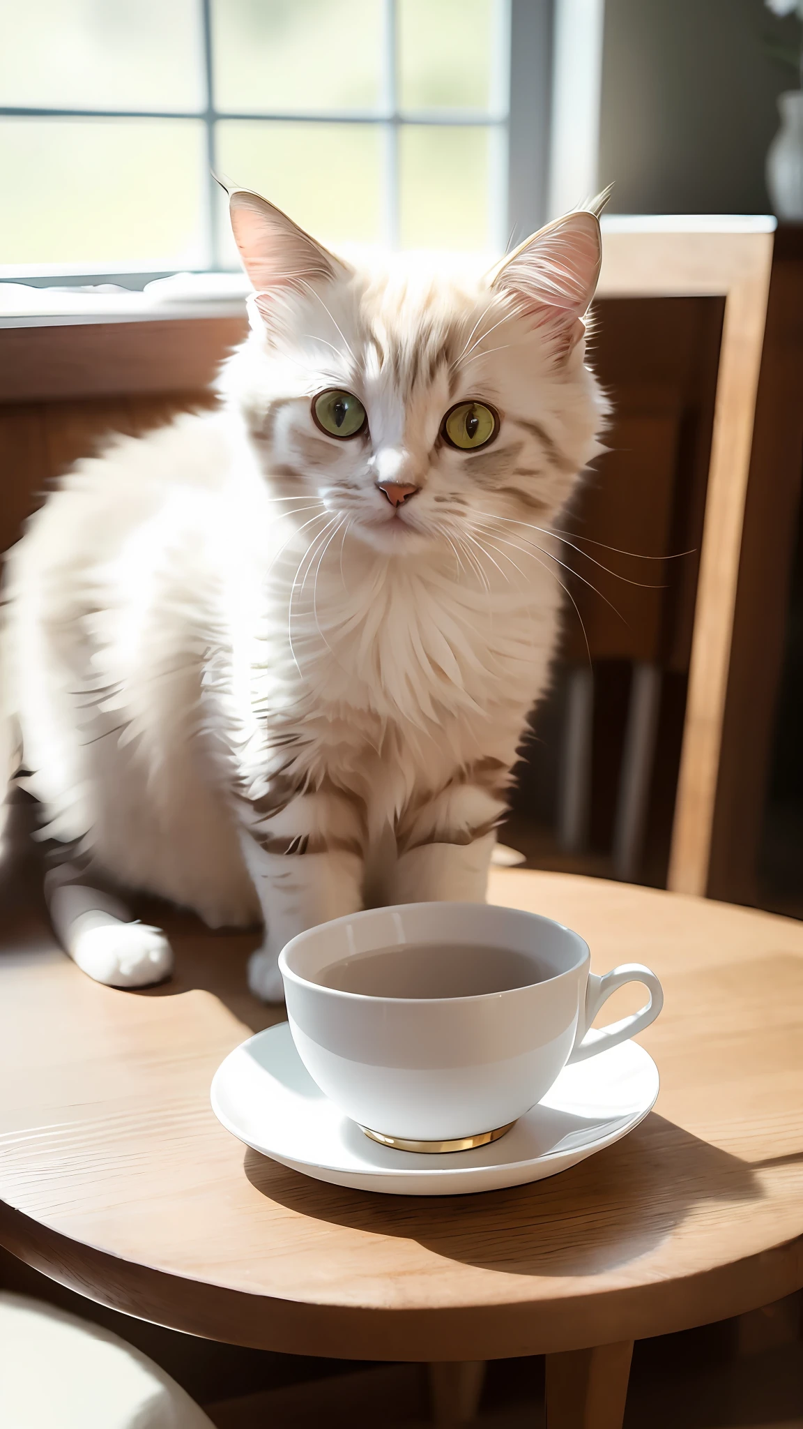 Cat, (Himalayan), (Small)))), in a teacup, Face, Front paws out, 8K, Professional photo, Delicate, Clear, On the table, Inside the house, Sunshine, Light Leak, Masterpiece, ((Pretty))), Fashionable Teacup, (Reality), Plush Toy, Round Pupils