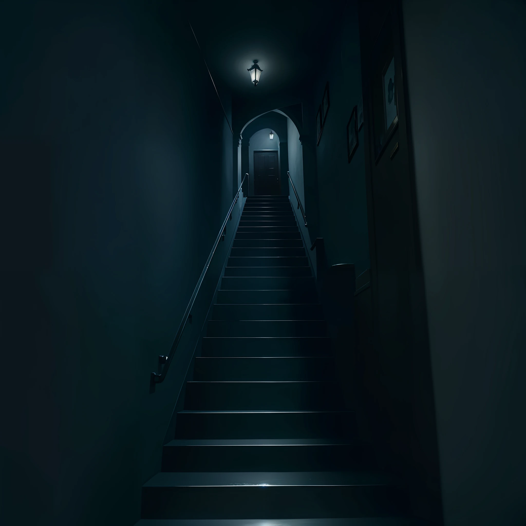 Staircase in a hallway, scary, horror, dark themed, dark, night, low lighting, dark blue colors,