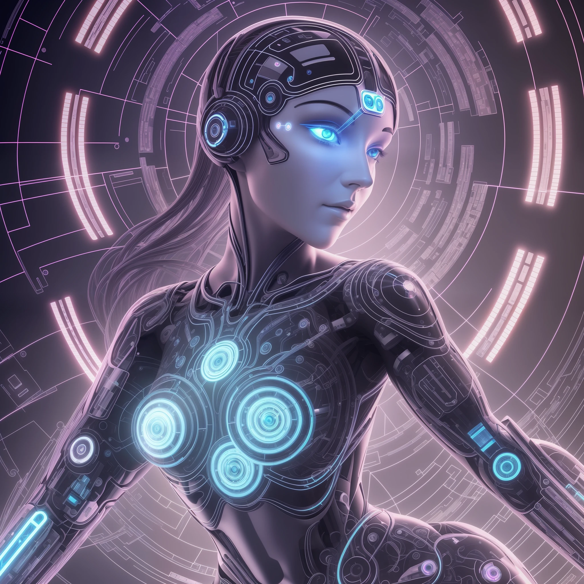 "Imagine an image that represents the perfect fusion between a human being and artificial intelligence. In this image, you see yourself as a hybrid entity, where parts of your body are replaced by advanced technological elements. Her skin has a metallic hue, with circuits and cybernetic wires intertwining with her limbs. Your eyes glow with an intense light, denoting the presence of the artificial intelligence that is now part of you. Around it, futuristic symbols and digital elements form an aura of technology and innovation. This image captures the perfect union between human potential and the capability of artificial intelligence, symbolizing the fusion of knowledge, skills and limitless possibilities." --auto --s2