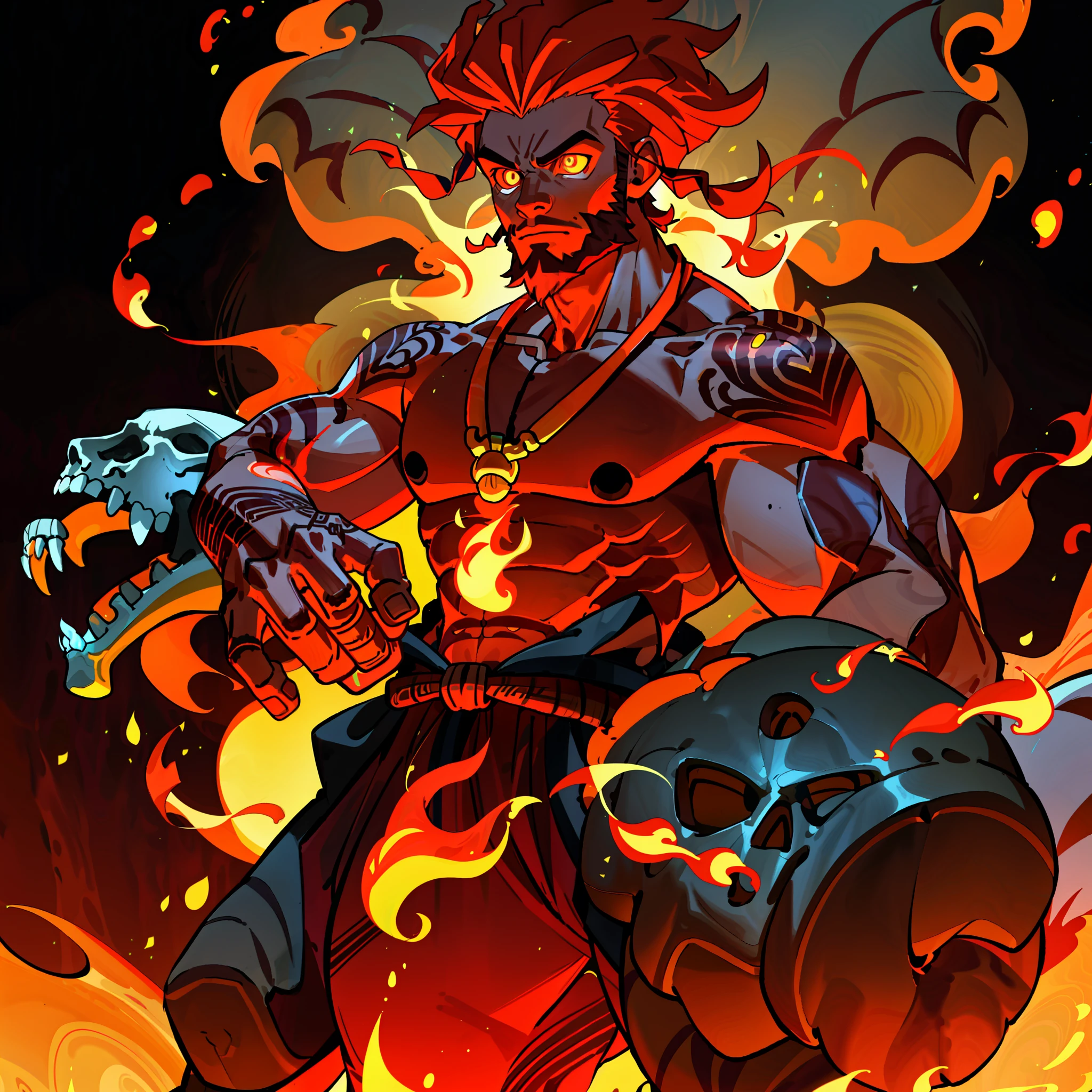 (Fire hair:1.0), brown skin, glowing eyes, (African male:1.0), muscle, fire background, glowing tattoos, 8k, high definition, huge resolution, (dreamlike style:1.0), bright colors, half body perspective, bone necklace, handsome, short beard,