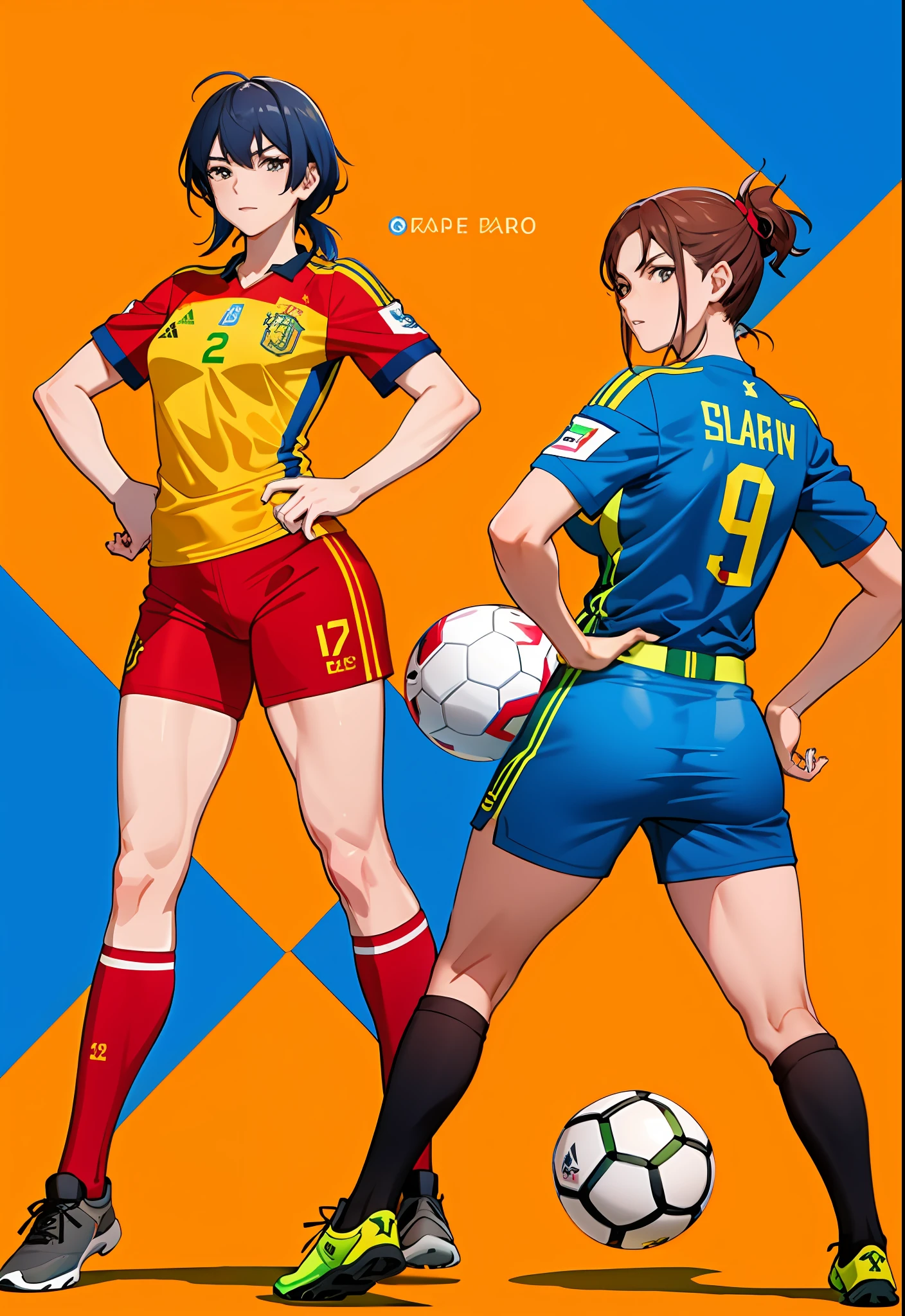 soccer player, spanish woman, spain national team female player, red uniform, brazilian woman brazil national team female player, yellow uniform, bite, soccer showdown, fierce, short hair, muscular, leg muscles, big breasts, big, big ass, big ass, blue sky, lawn