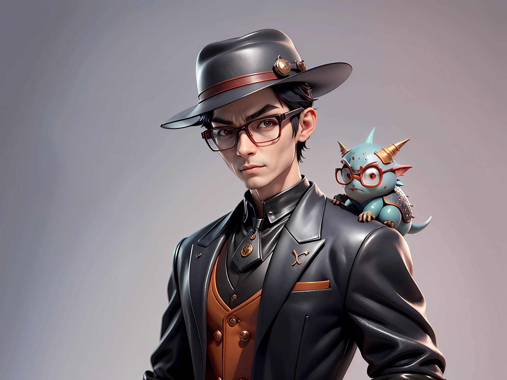 Young man with oriental face in leather hat, dragon, formal suit, short black hair, silver glasses, digital painting, 3D character design by Mark Clairedon and Pixar and Hayao Miyazaki and Akira Toriyama, the illustration is a high-definition illustration in 4K resolution with very detailed facial features and cartoon-style visuals.