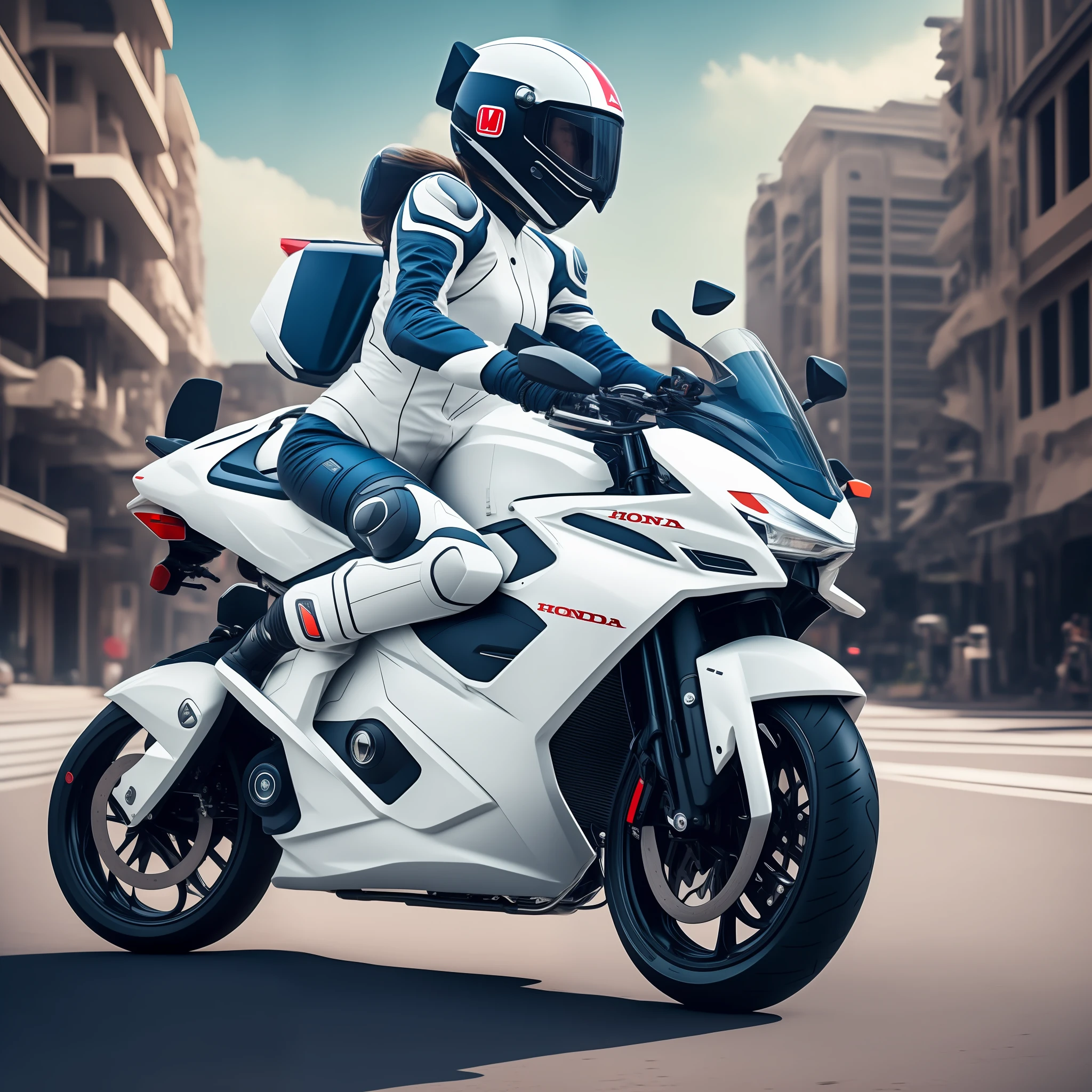 Honda motorcycle, futuristic, electric, with woman driving, equipped with full leather suit, white helmet with ears, --auto --s2