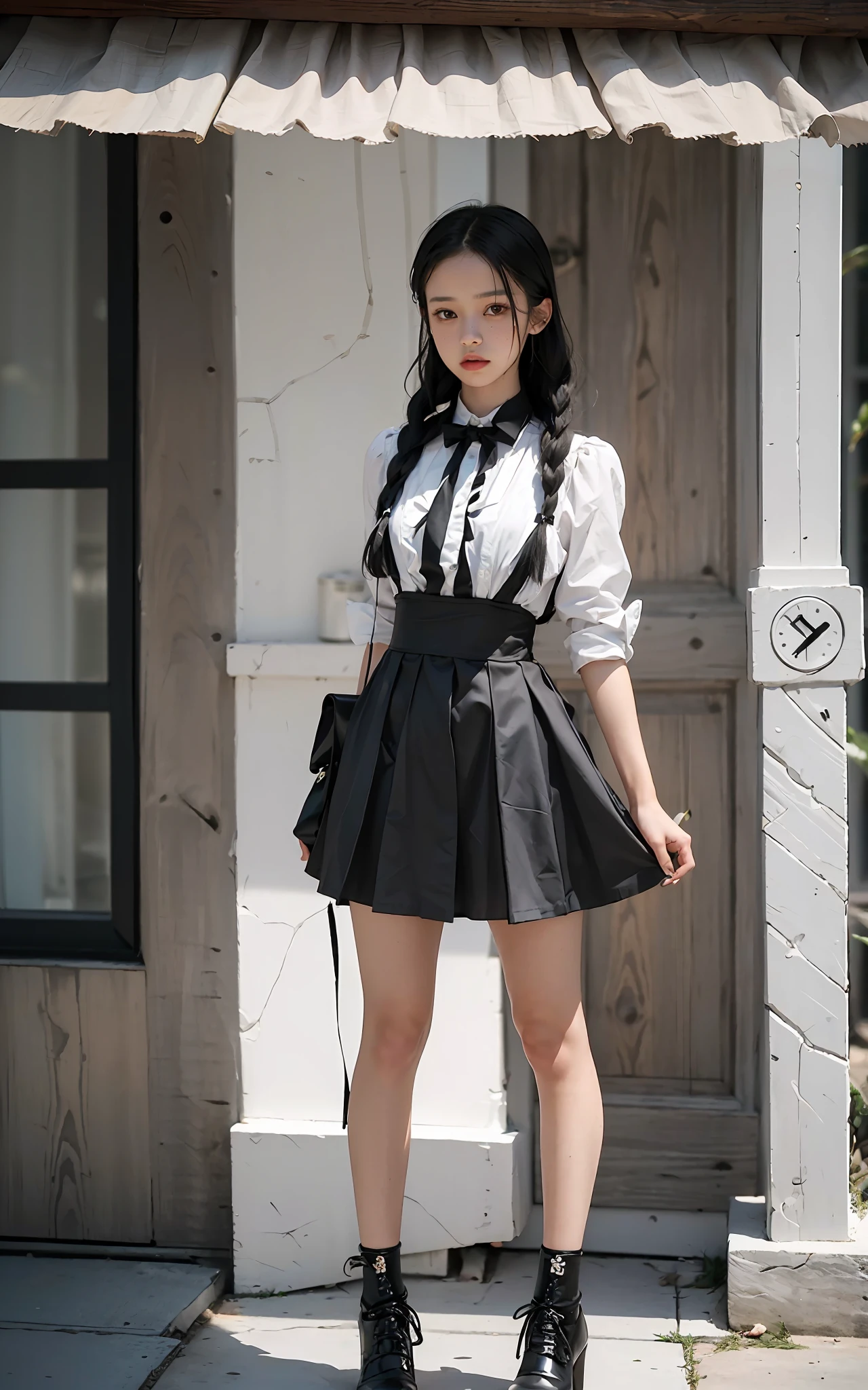 (( best quality, masterpiece, absurd)) image of a woman((jenna ortega,1girl,solo, 20 years,Smart, sarcastic and apathetic, medium chest)) in a black dress and white collar shirt, Wednesday addams, gothic dress, like Wednesday addams, full body with costume, high quality costume, addams, gothic young woman, gothic dress, full body and head view, full body and head view, young woman goth, whole female body, defined body,