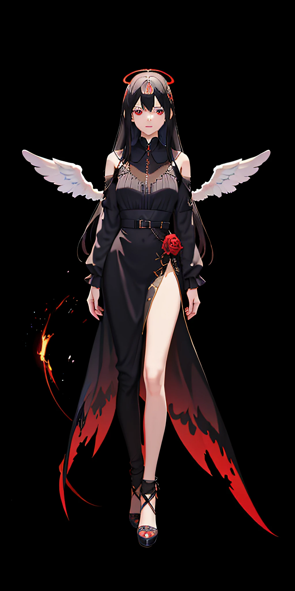 photorealistic, (hyperrealistic: 1.2), masterpiece, best quality, 1girl, black hair, angel of death, innocent, red eyes, diadem, angel wings, black clothes, full body, arms sending kiss, sky, halo, post-apocalypse,