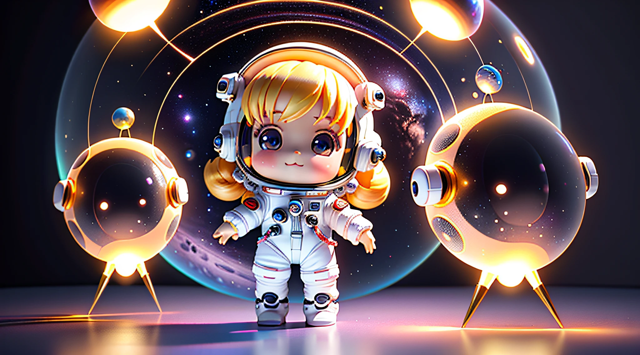 Super cute girl full body 3D picture, 1pc, good looking eyes, big eyes, cute, happy, c4d, pop matt blind box, white long hair, glowing bubbles, toys, solid color background, chibi, fluorescent translucency, luminous body, kawaii, doll, (((astronaut, spacesuit))), reference table, pop mart blind box, Pixar, complex details, 3d rendering, blender, OC renderer, fol body reference sheet, Dribble, High Details, 8K, Studio Lighting, , Petite, Child, Chibi, SD characters: 1.1, Magic Space Warehouse background