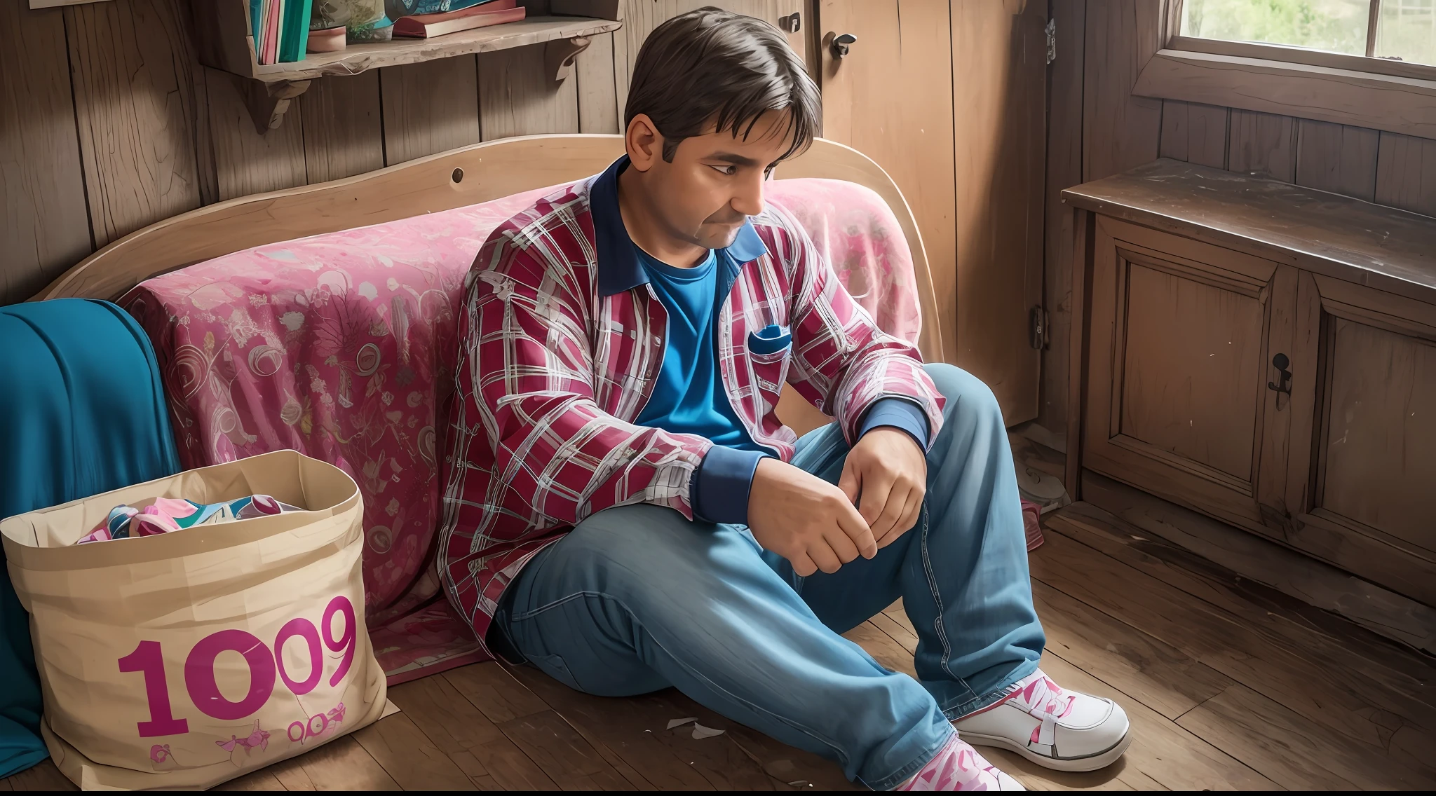 A 43 year old man, children, girl, sitting on a sofa, 90's clothes, backgound inside an old house
